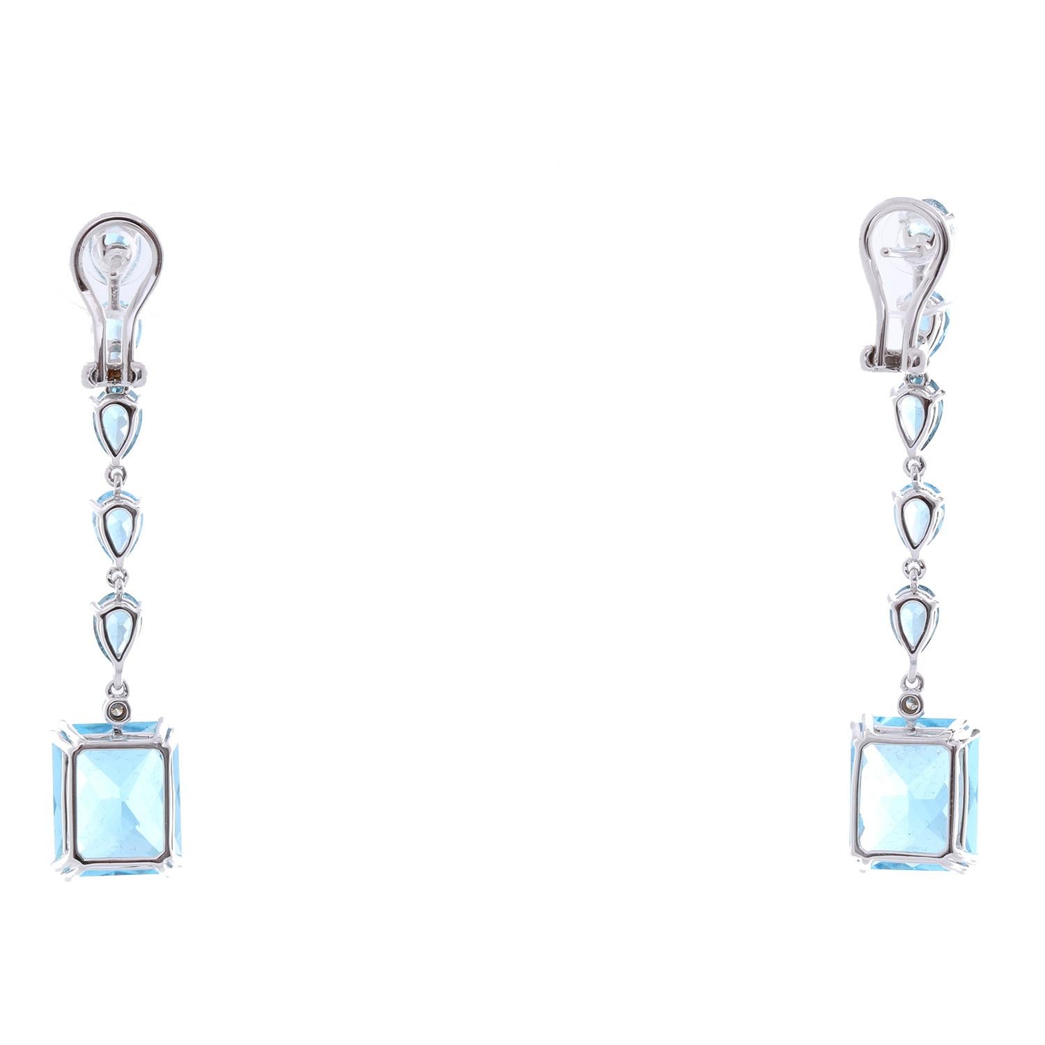 Women's or Men's 18 Karat White Gold Blue Topaz Dangling Earrings For Sale