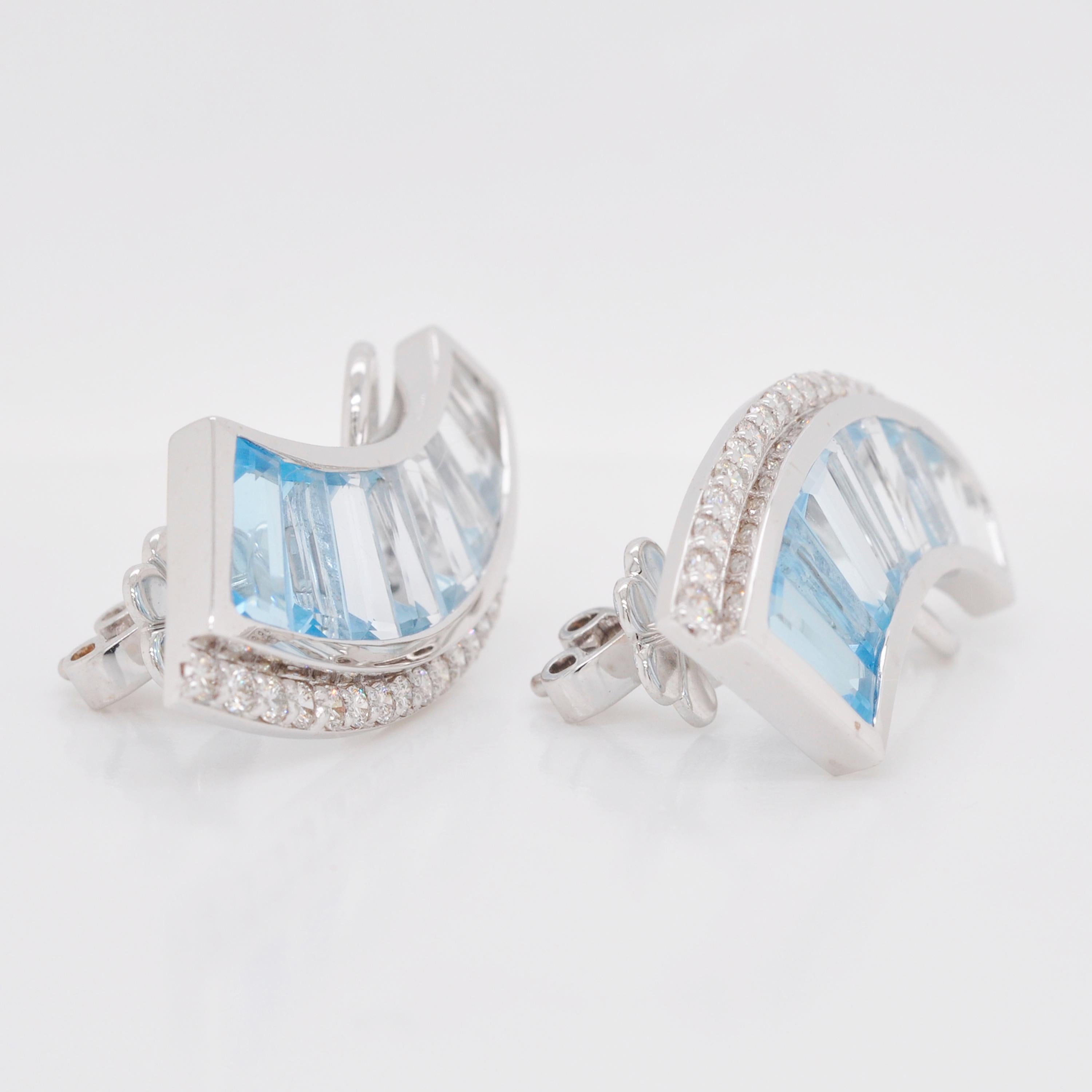 18 Karat White Gold Blue Topaz Diamond Ear-Climbers Stud Earrings For Sale 4