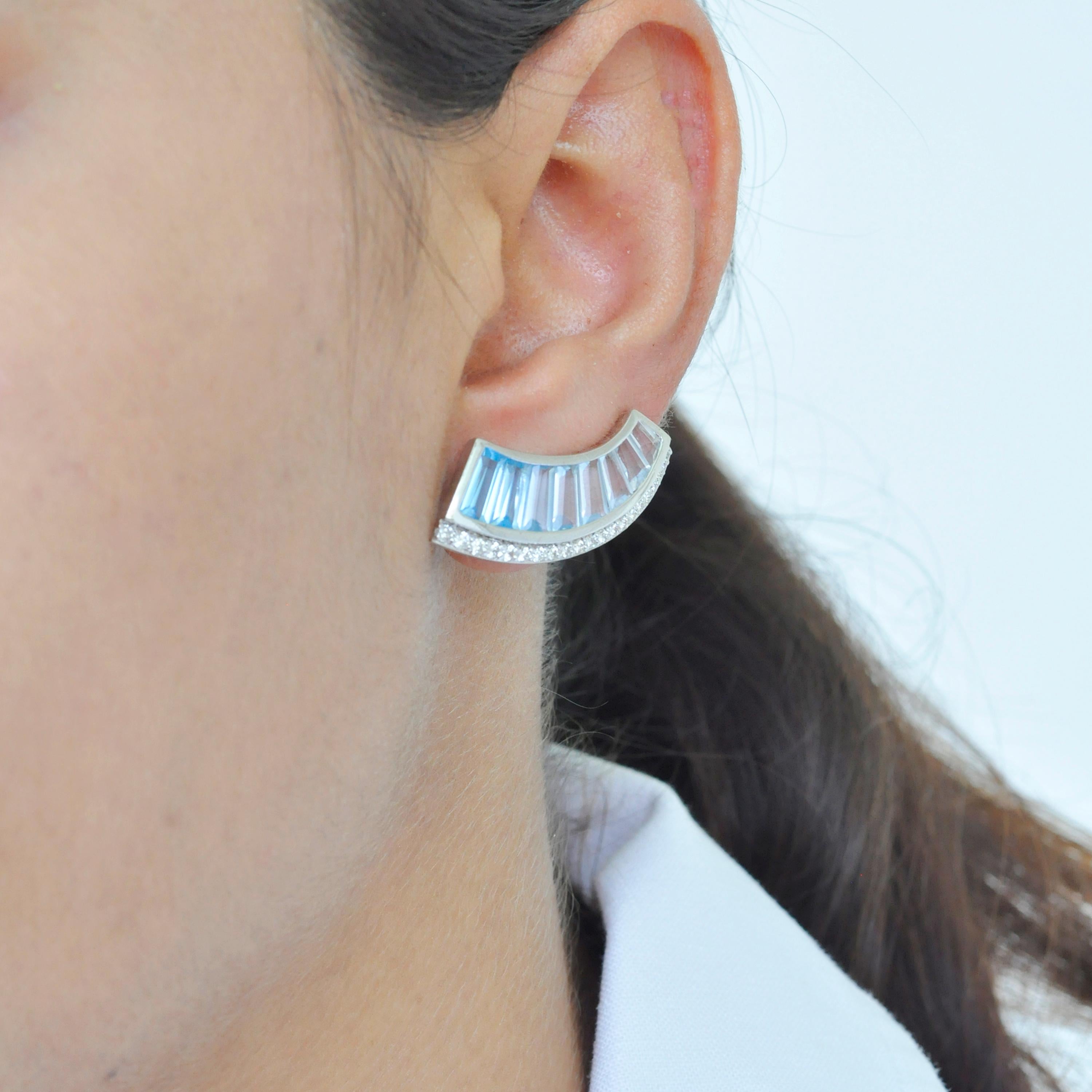 18 Karat White Gold Blue Topaz Diamond Ear-Climbers Stud Earrings For Sale 7