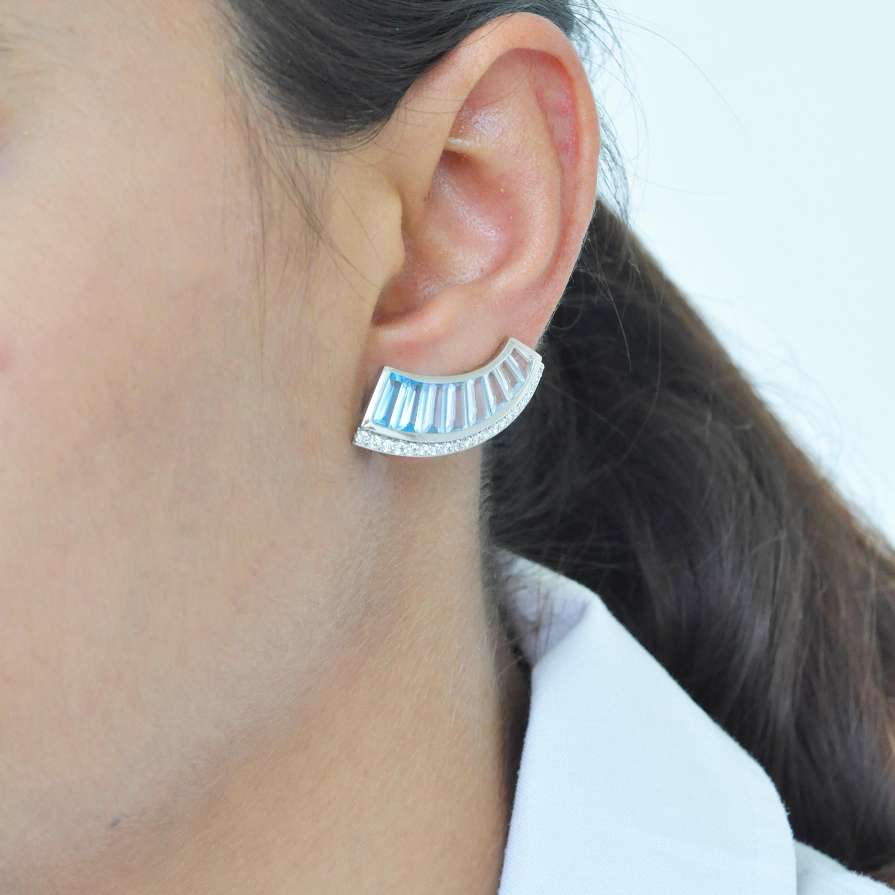 18 Karat White Gold Blue Topaz Diamond Ear-Climbers Stud Earrings For Sale 8