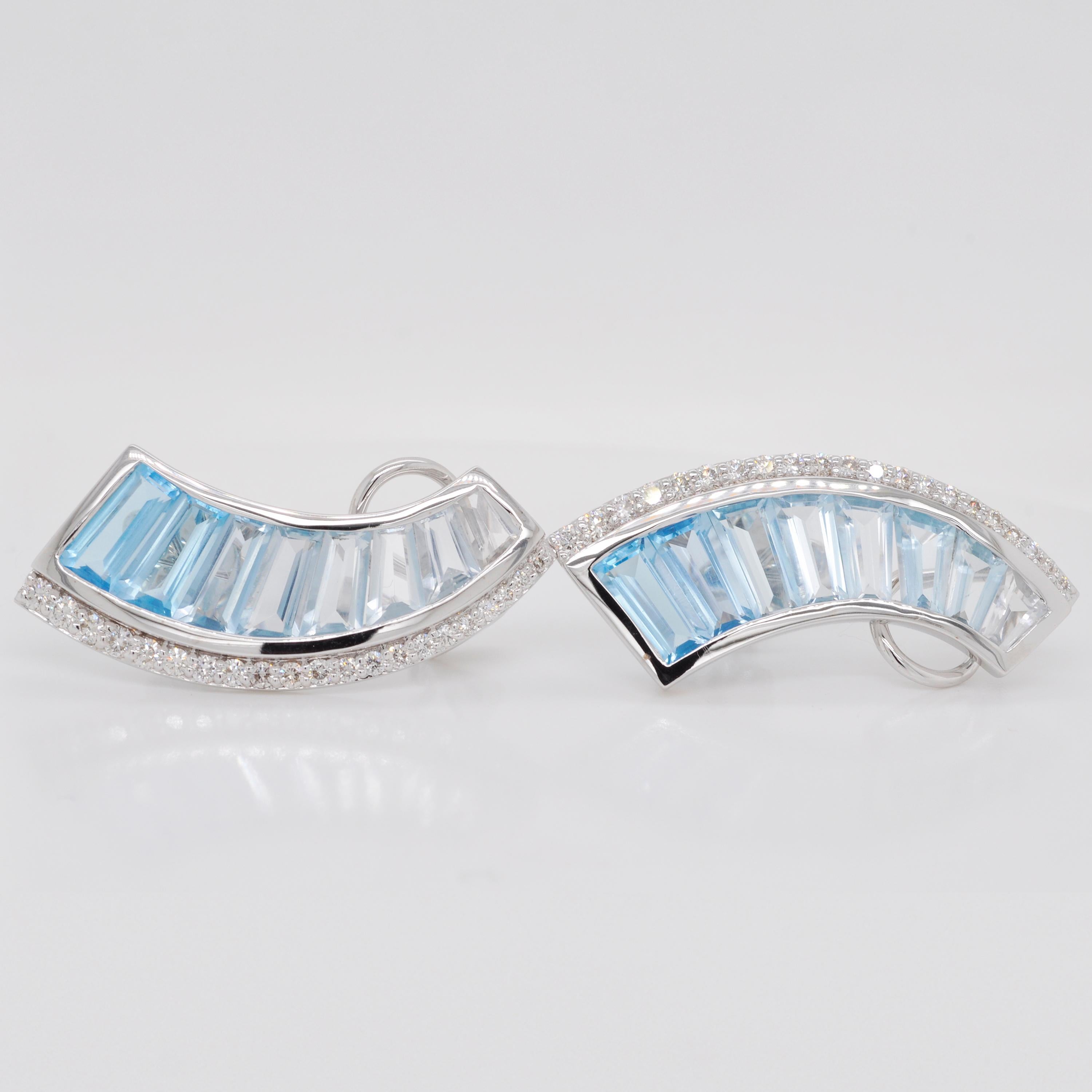 Tapered Baguette 18 Karat White Gold Blue Topaz Diamond Ear-Climbers Stud Earrings For Sale