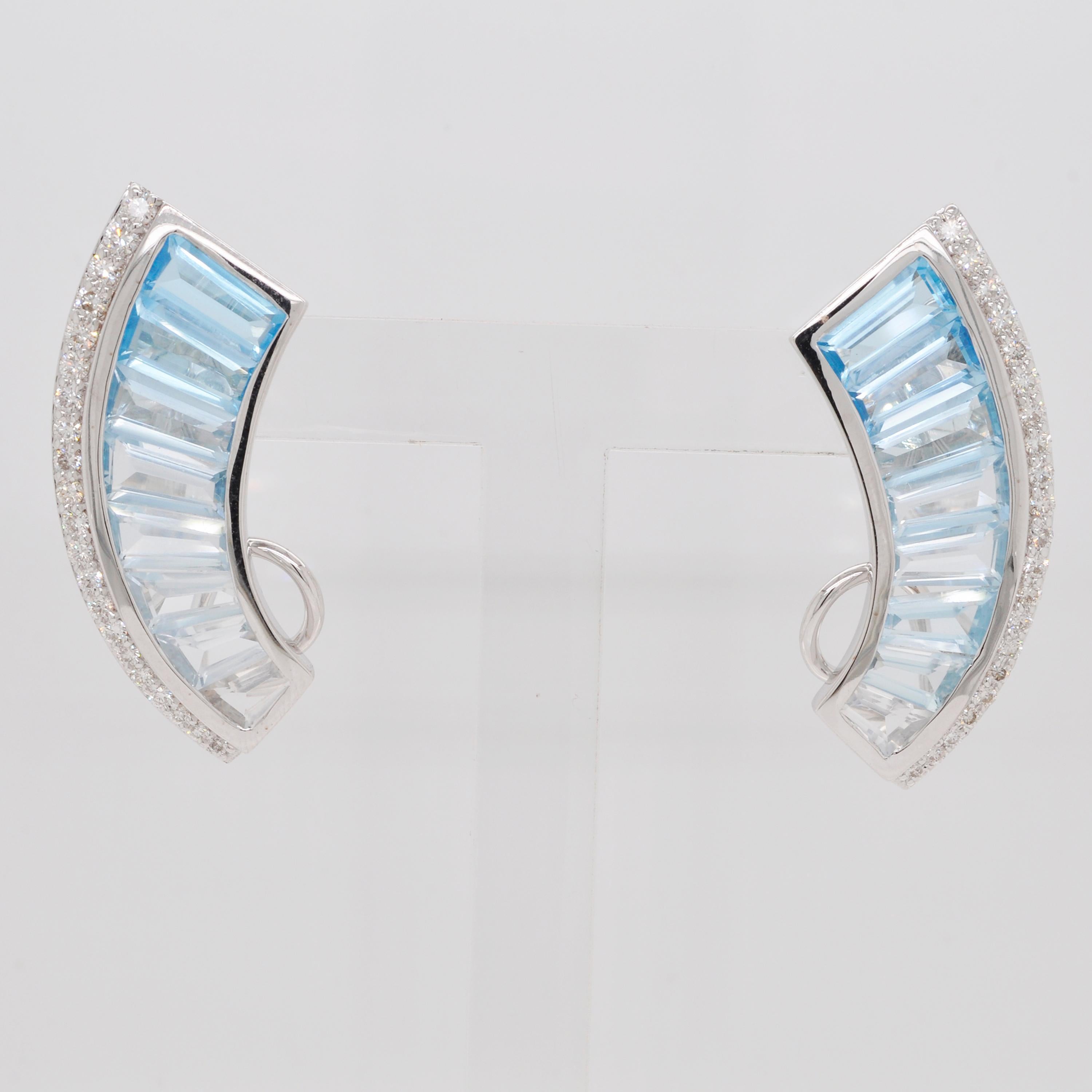 Women's 18 Karat White Gold Blue Topaz Diamond Ear-Climbers Stud Earrings For Sale