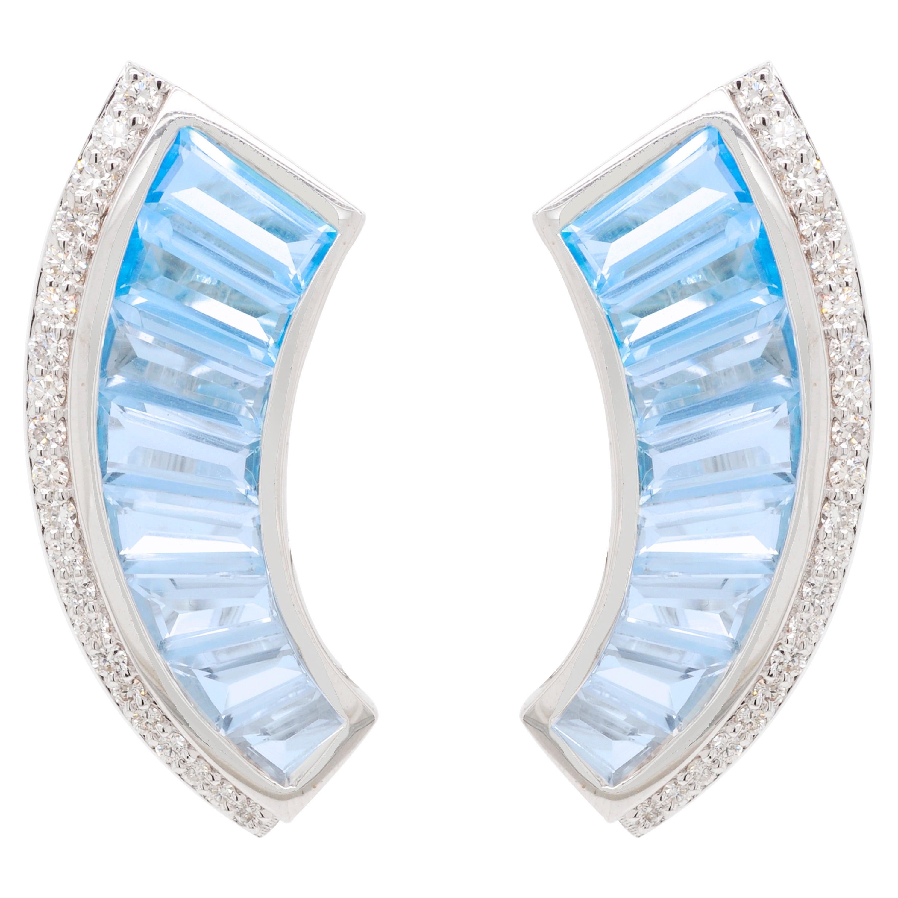 18 Karat White Gold Blue Topaz Diamond Ear-Climbers Stud Earrings