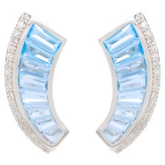 18 Karat White Gold Blue Topaz Diamond Ear-Climbers Stud Earrings