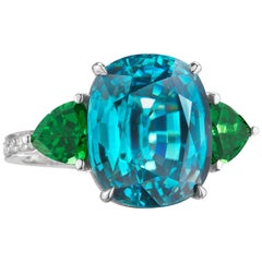 18 Karat White Gold Blue Zircon and Green Tourmaline Ring