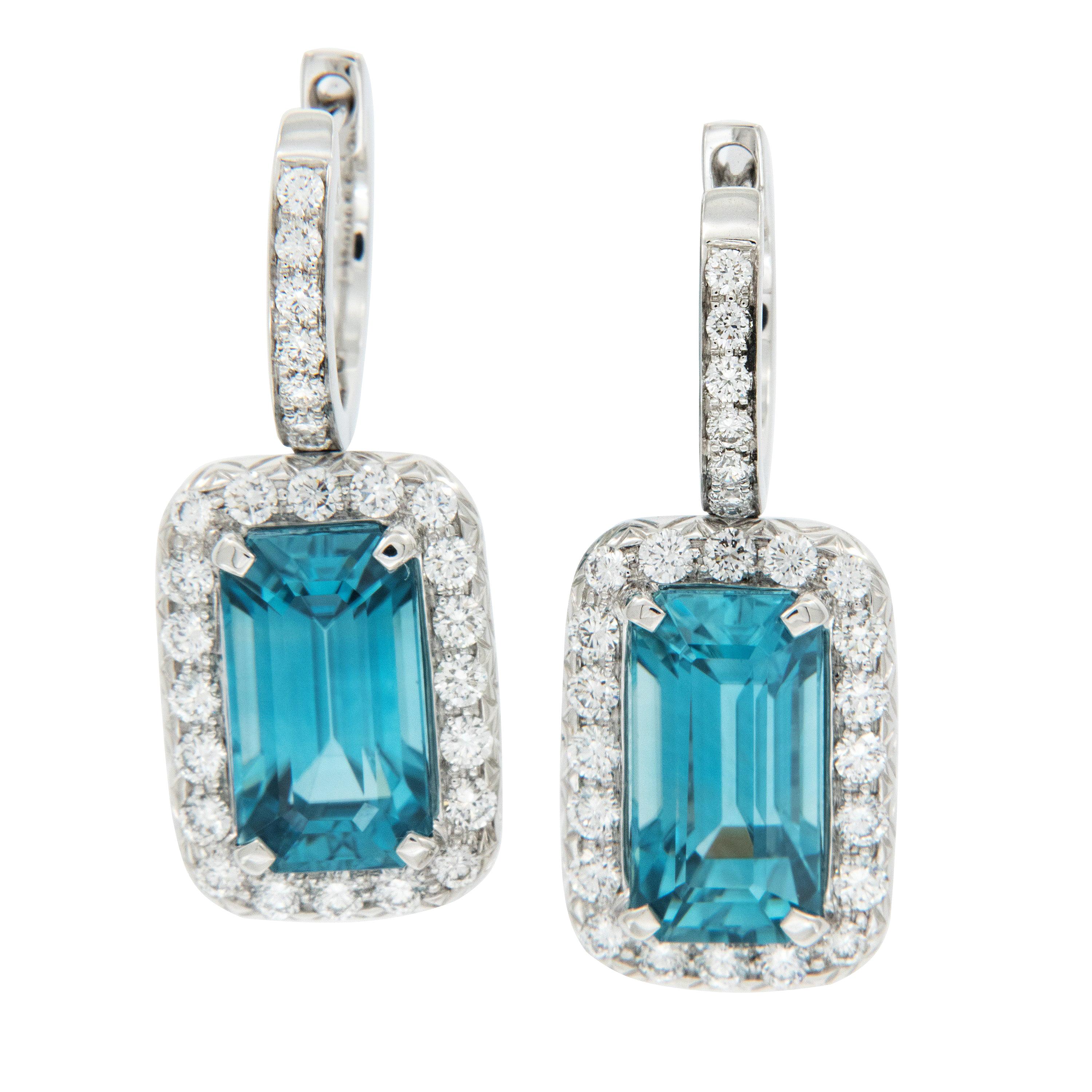 18 Karat White Gold Blue Zircon Diamond Drop Earrings by Campanelli & Pear