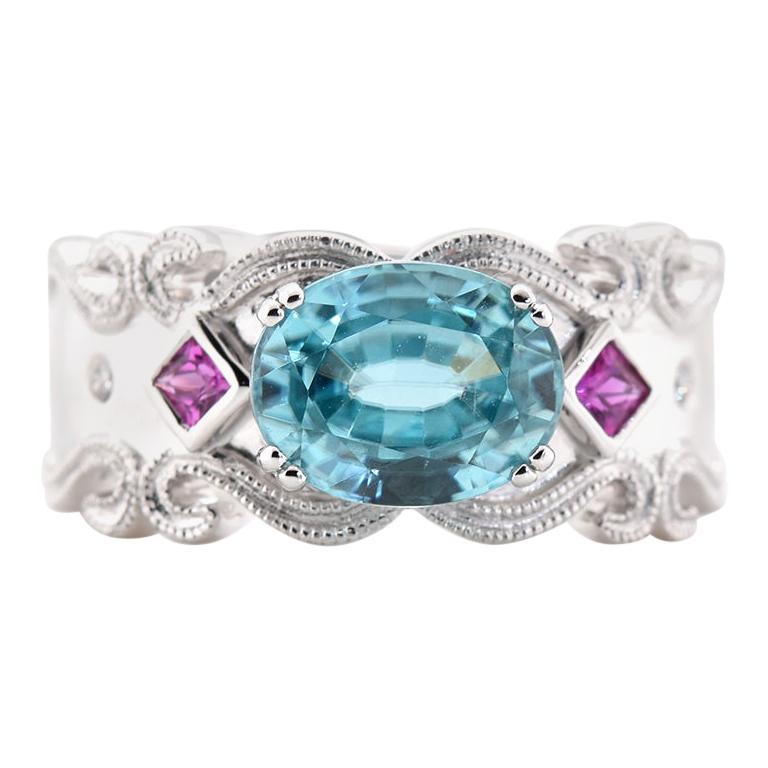 18 Karat White Gold Blue Zircon, Pink Sapphire, and Diamond Ring