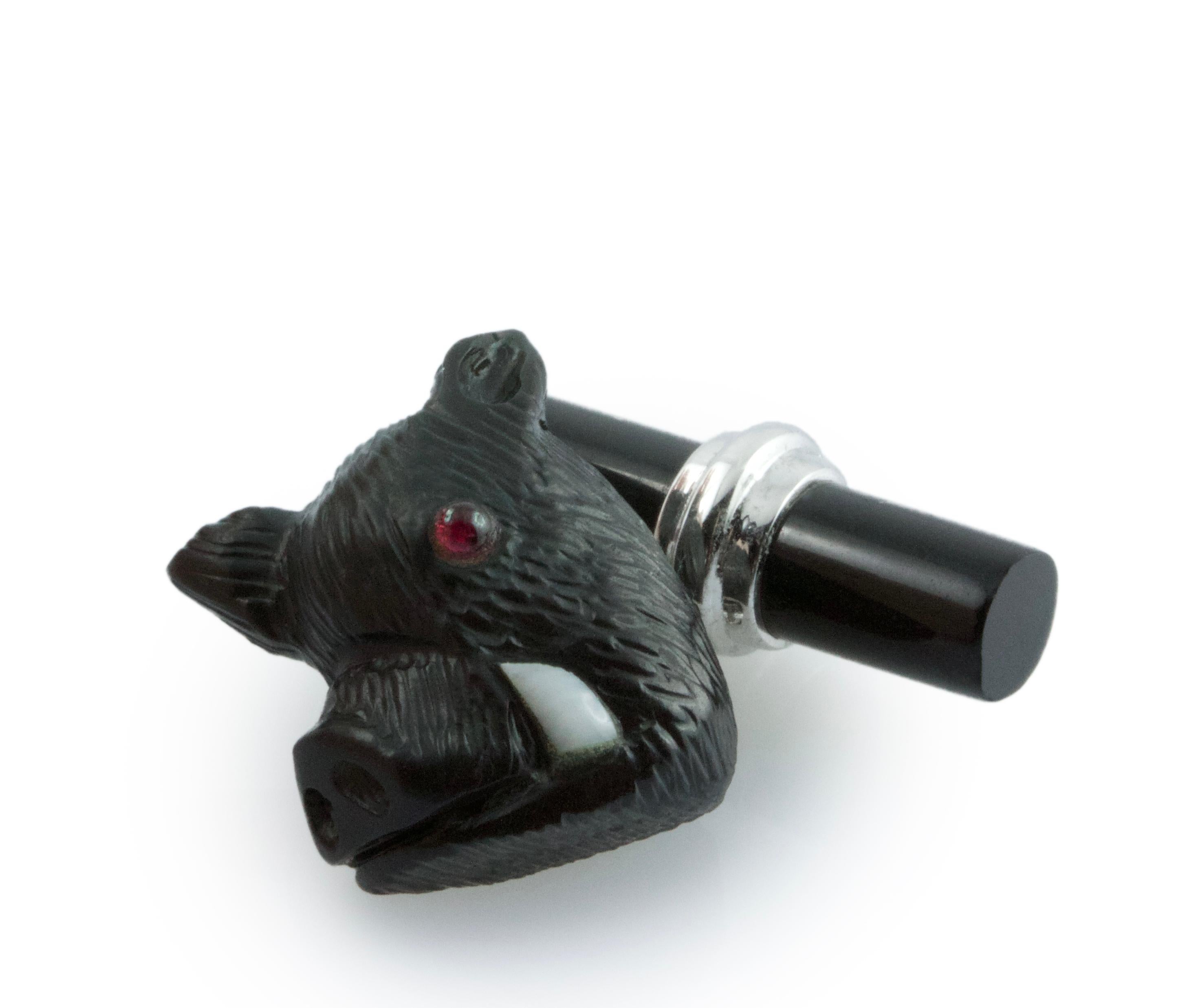 Mixed Cut 18 Karat White Gold Boar Pig Onyx and Rubies Cufflinks For Sale