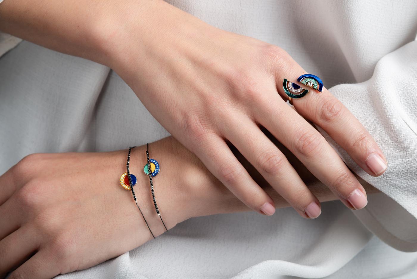 Nikos Koulis bracelet from ‘Acrobat’ collection, which is about artistic freedom along certain schemes. Influenced by artists such as Wassily Kandinsky, who expressed his inner self through geometrical schemes and liberated his forms and colors,