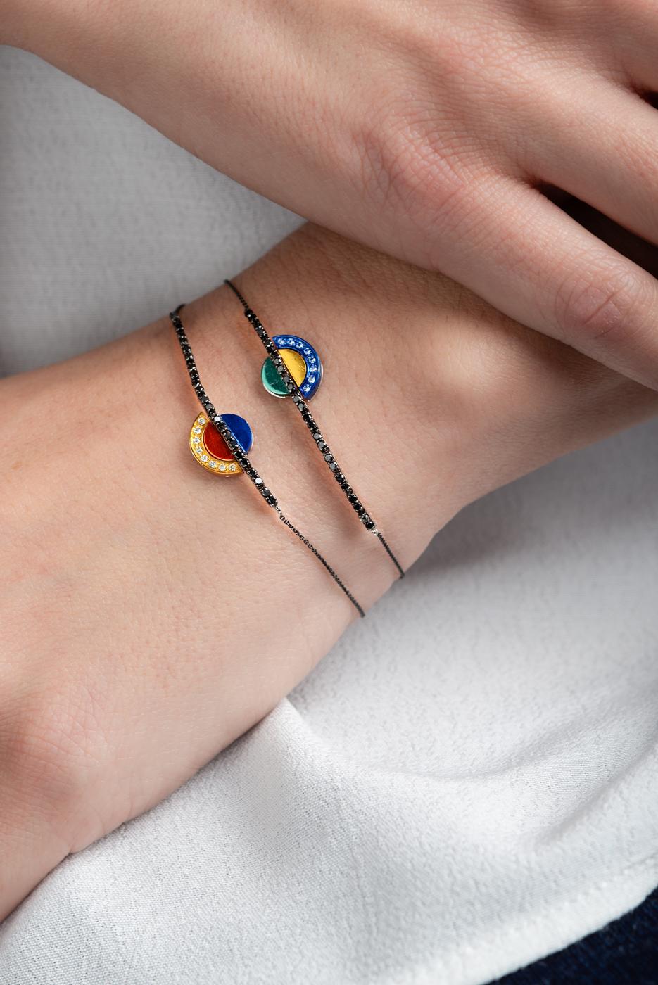 Nikos Koulis bracelet from ‘Acrobat’ collection, which is about artistic freedom along certain schemes. Influenced by artists such as Wassily Kandinsky, who expressed his inner self through geometrical schemes and liberated his forms and colors,
