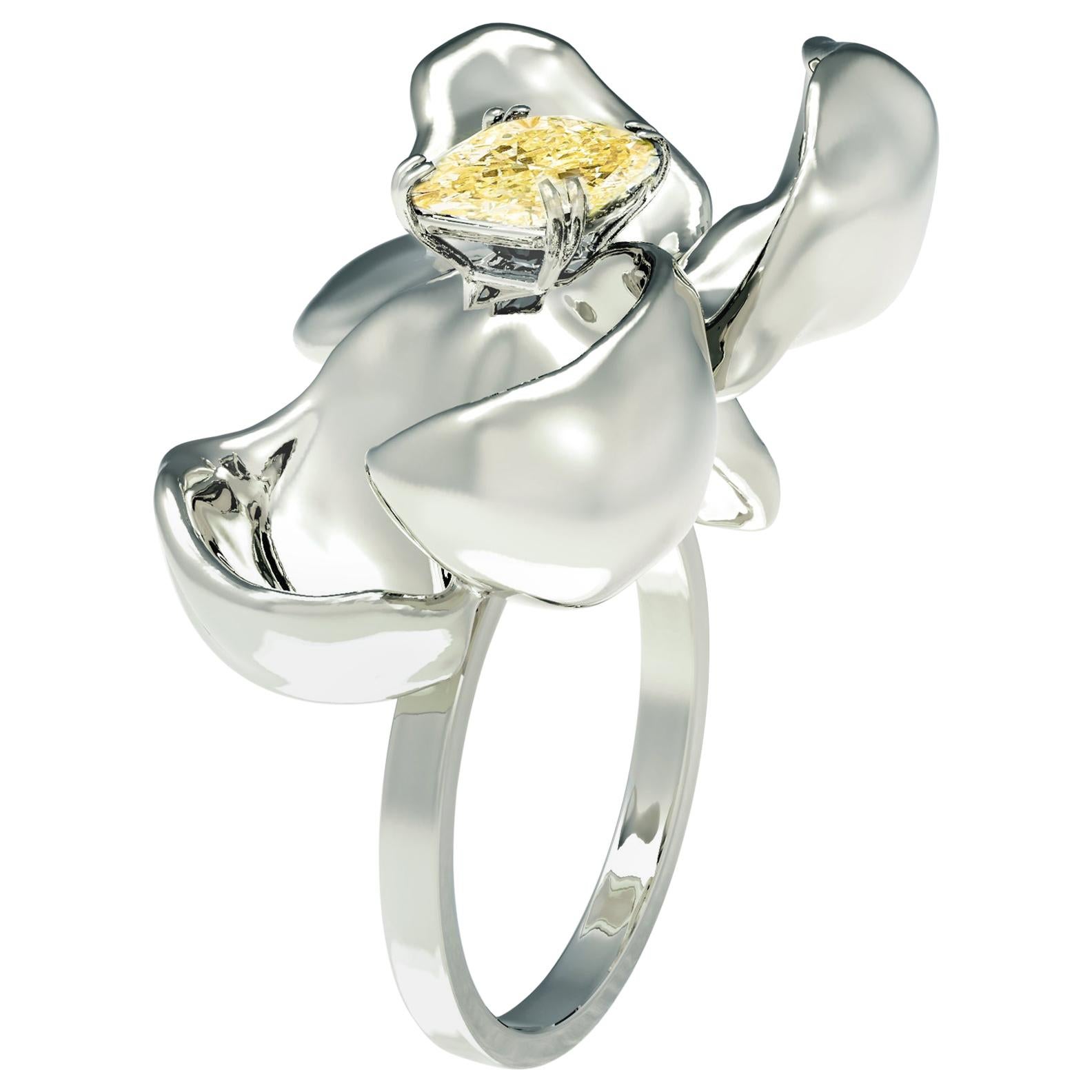 Eighteen Karat White Gold Engagement Ring with GIA Fancy Light Yellow Diamond For Sale