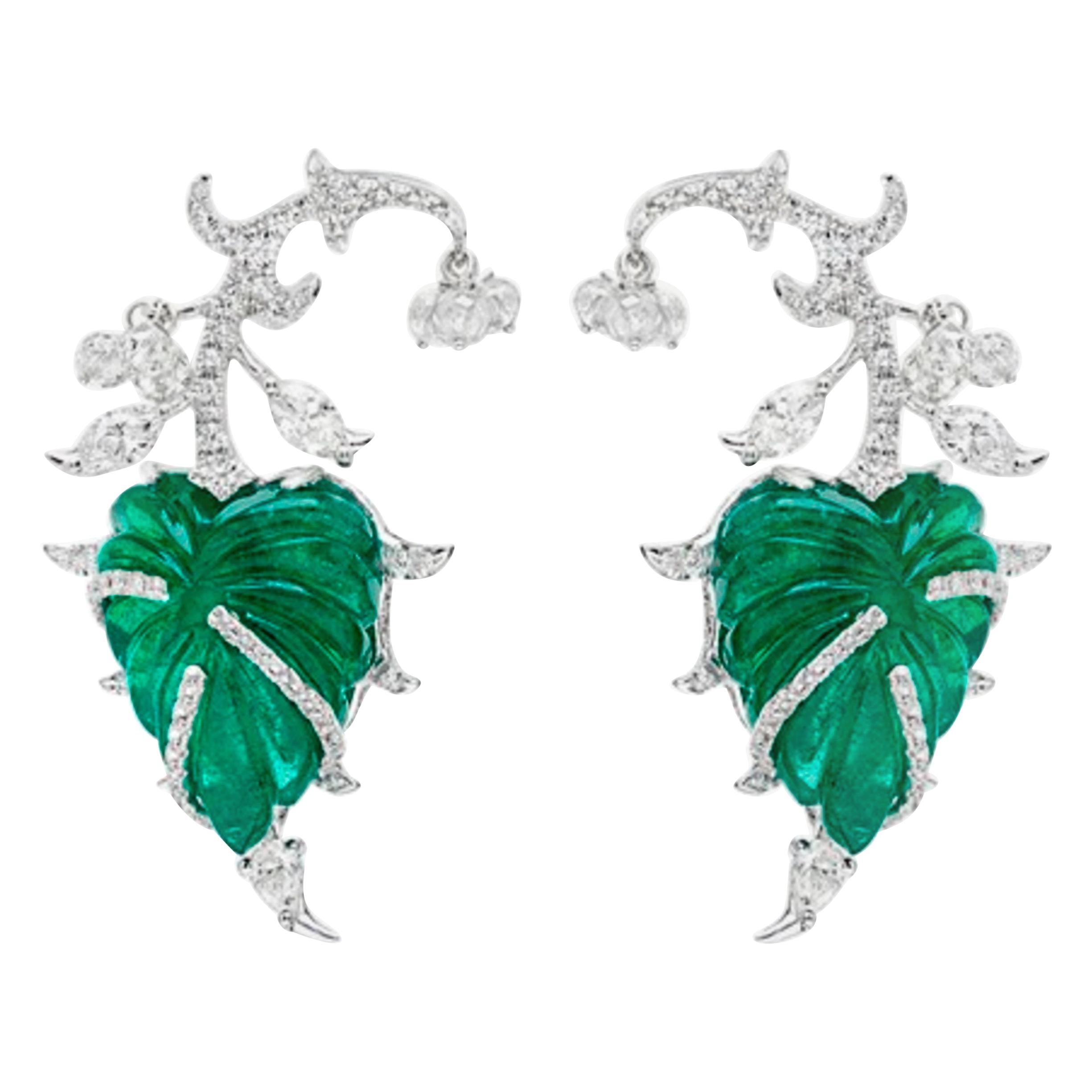 18 Karat White Gold, Brilliant Cut Diamond and Emerald Earrings For Sale