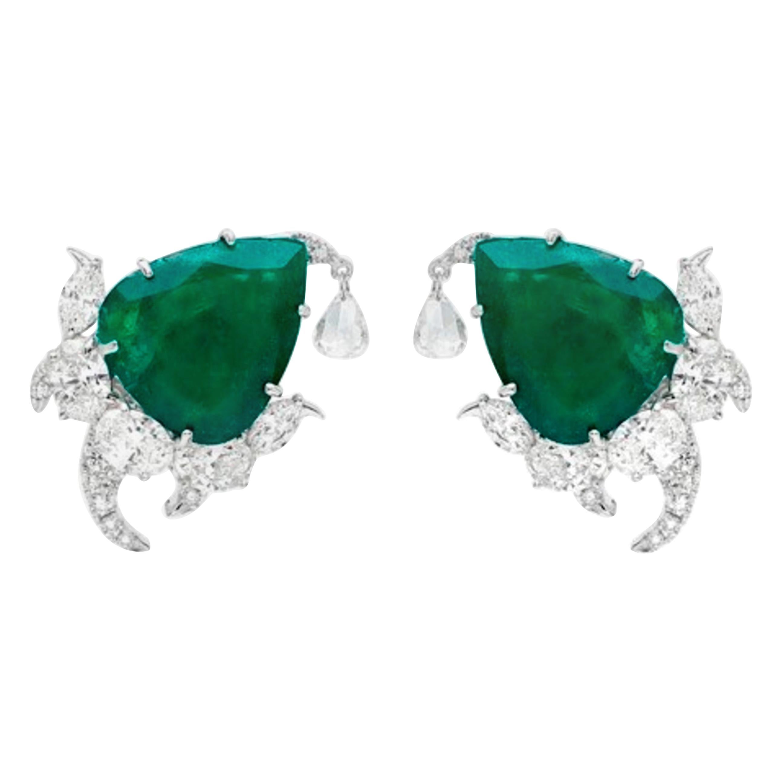 18 Karat White Gold, Brilliant Cut Diamonds and Emerald Studded Earrings For Sale