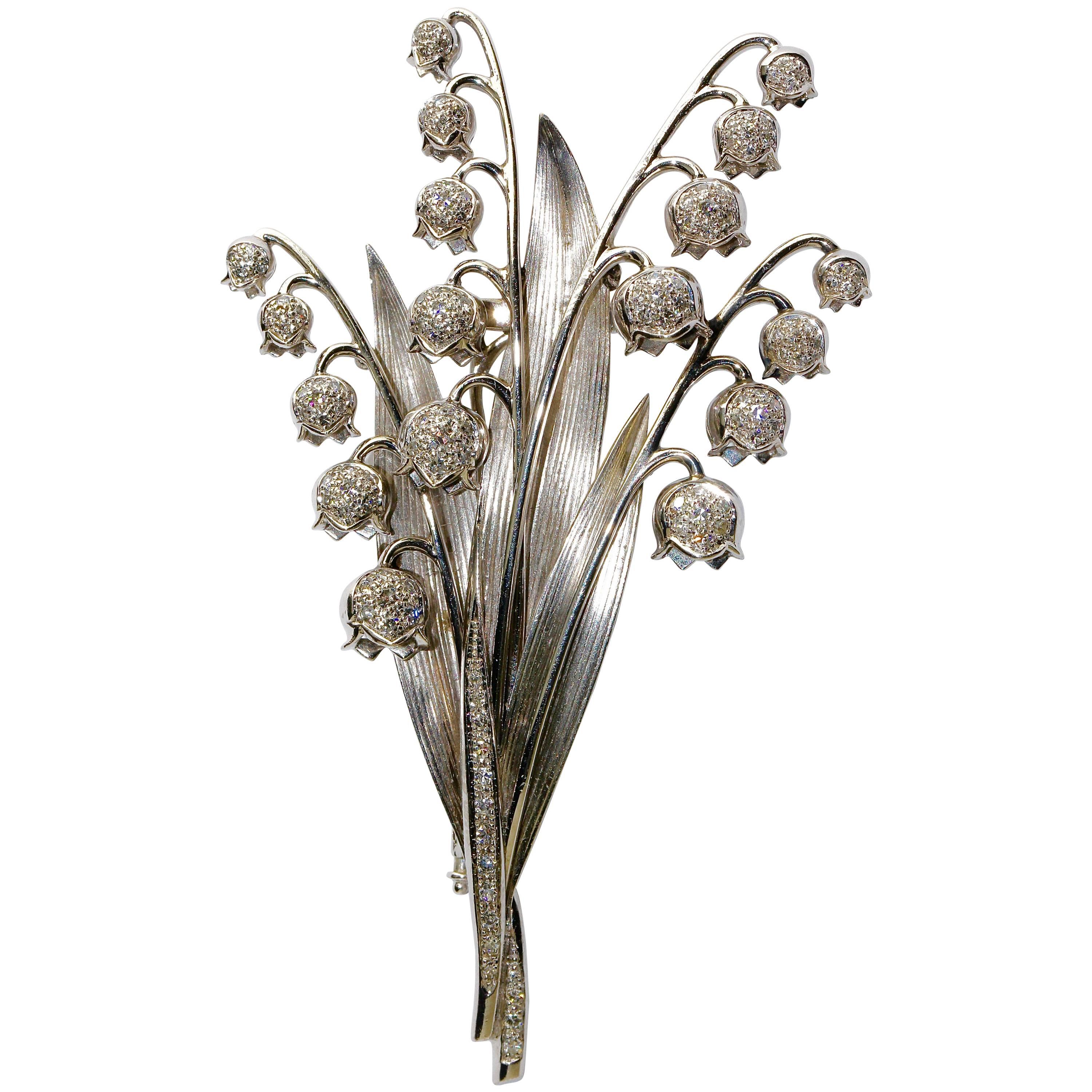 18 Karat White Gold Brooch with Diamonds, Floral Design