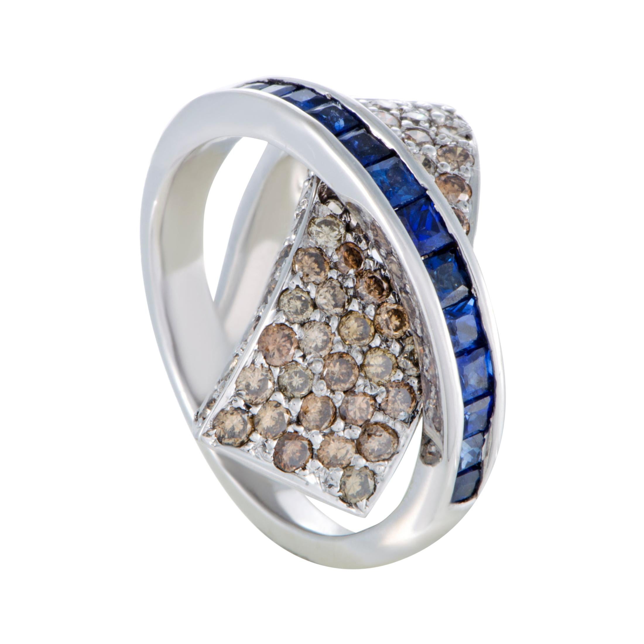 18 Karat White Gold Brown Diamond and Sapphire Criss-Cross Ring For Sale