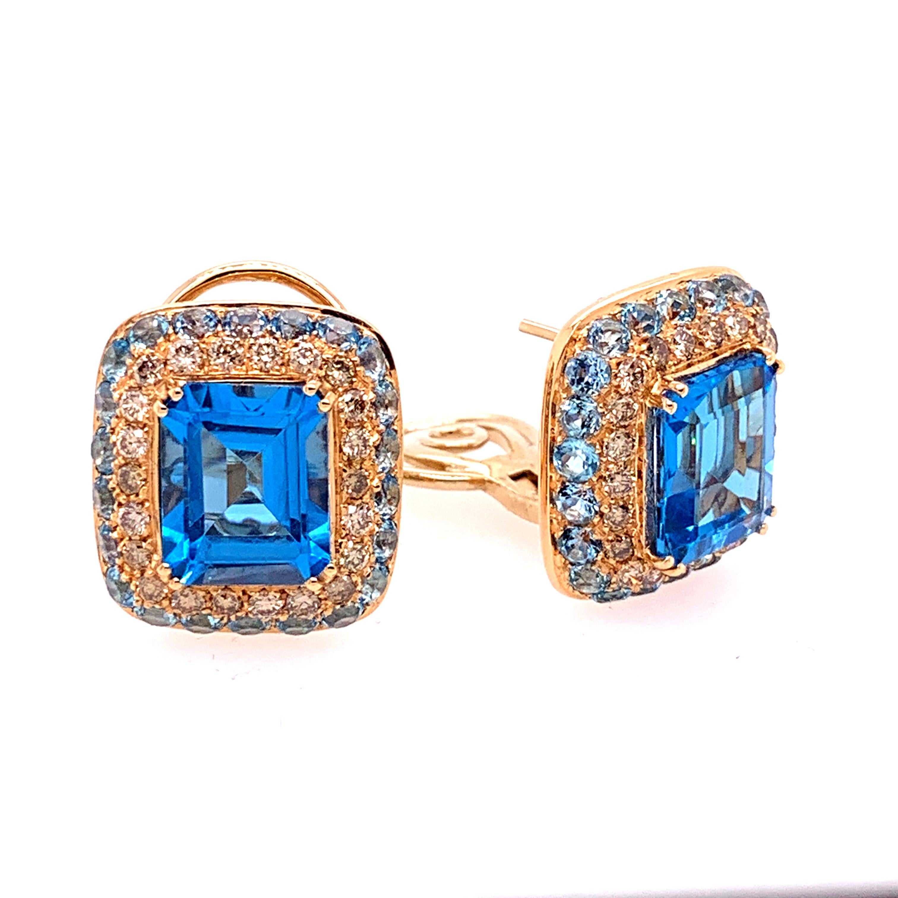 18 Karat Rose Gold Brown Diamonds  and  Blue Topaz Earrings,  earrings size mm19x17, from Milano Garavelli collection
18kt White gold   gr: 14.10
Brown Diamonds ct 1.16
Blue Topaz ct 13.26
Matching ring also available upon request.
 
