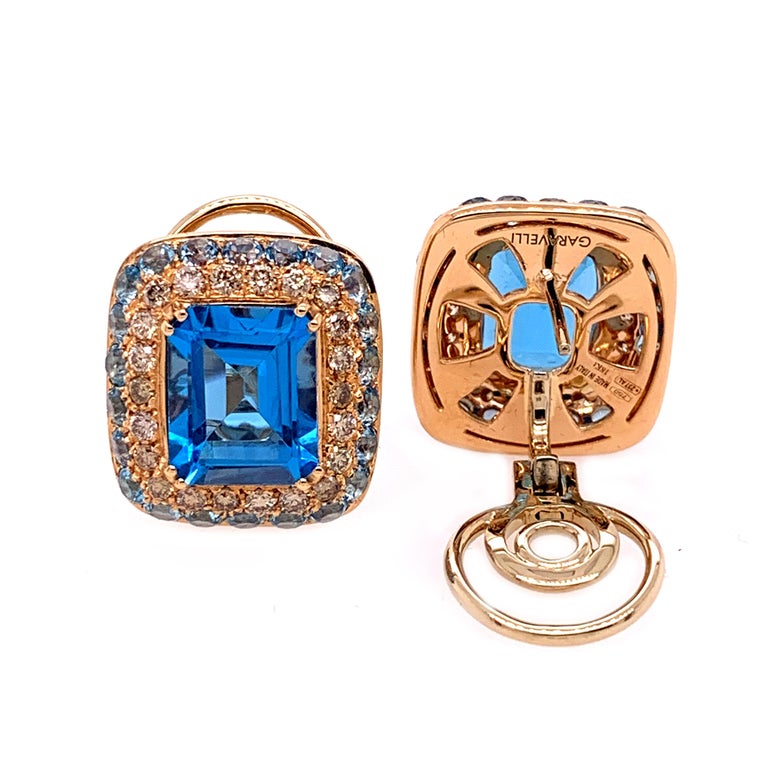 Round Cut 18 Karat White Gold Brown Diamonds and Blue Topaz Earrings For Sale
