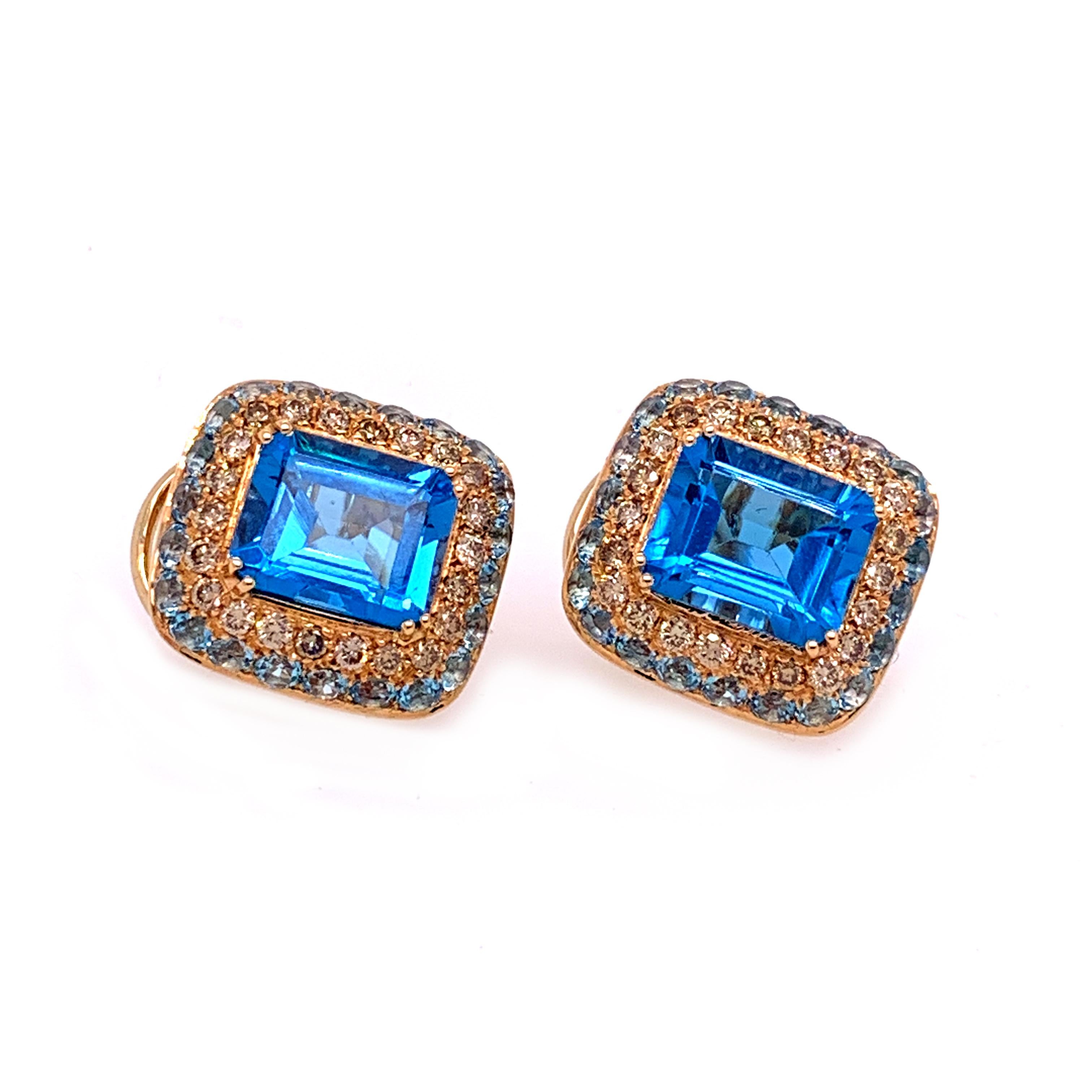 18 Karat Rose Gold Brown Diamonds and Blue Topaz Earrings In New Condition In Valenza, IT