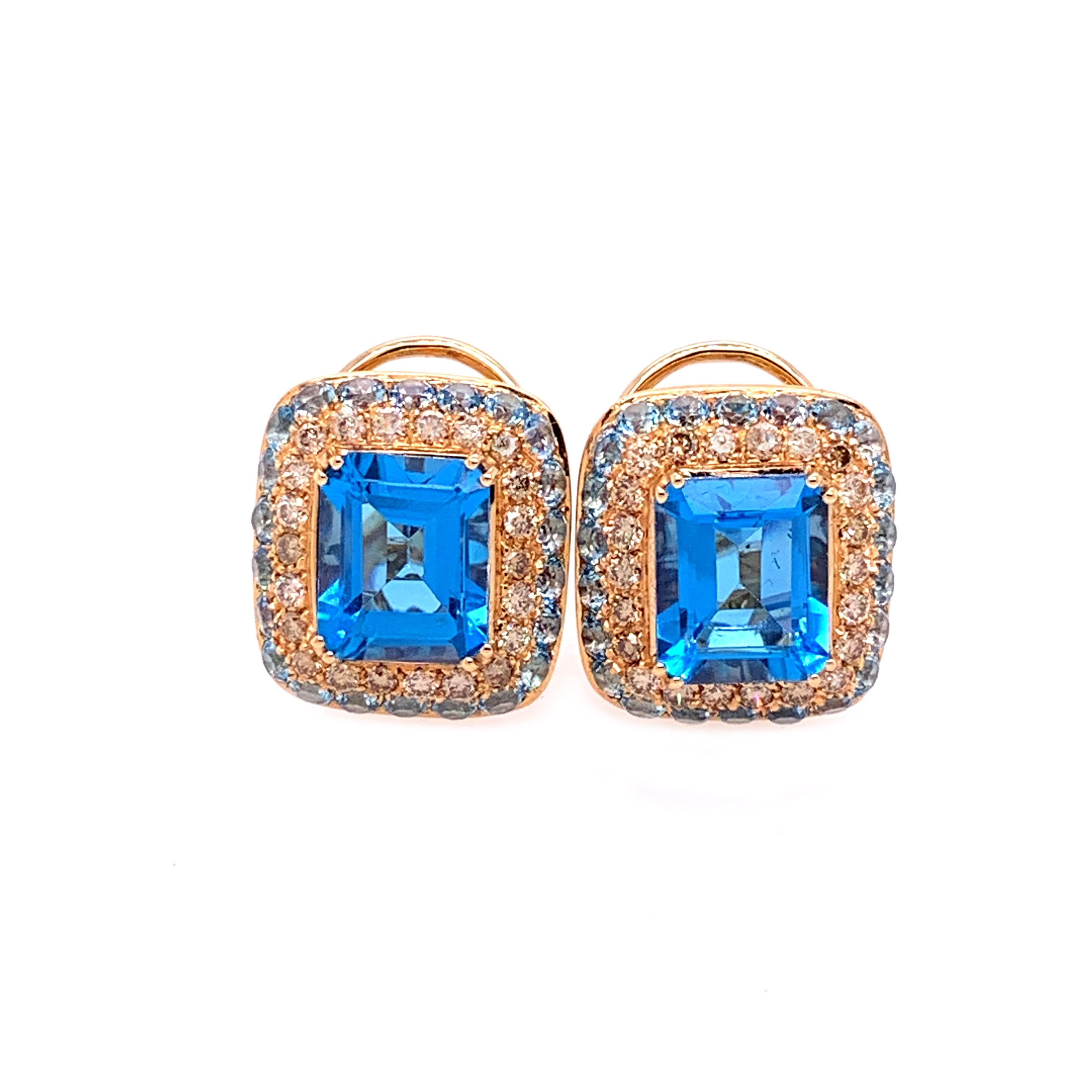 18 Karat Rose Gold Brown Diamonds and Blue Topaz Earrings 3