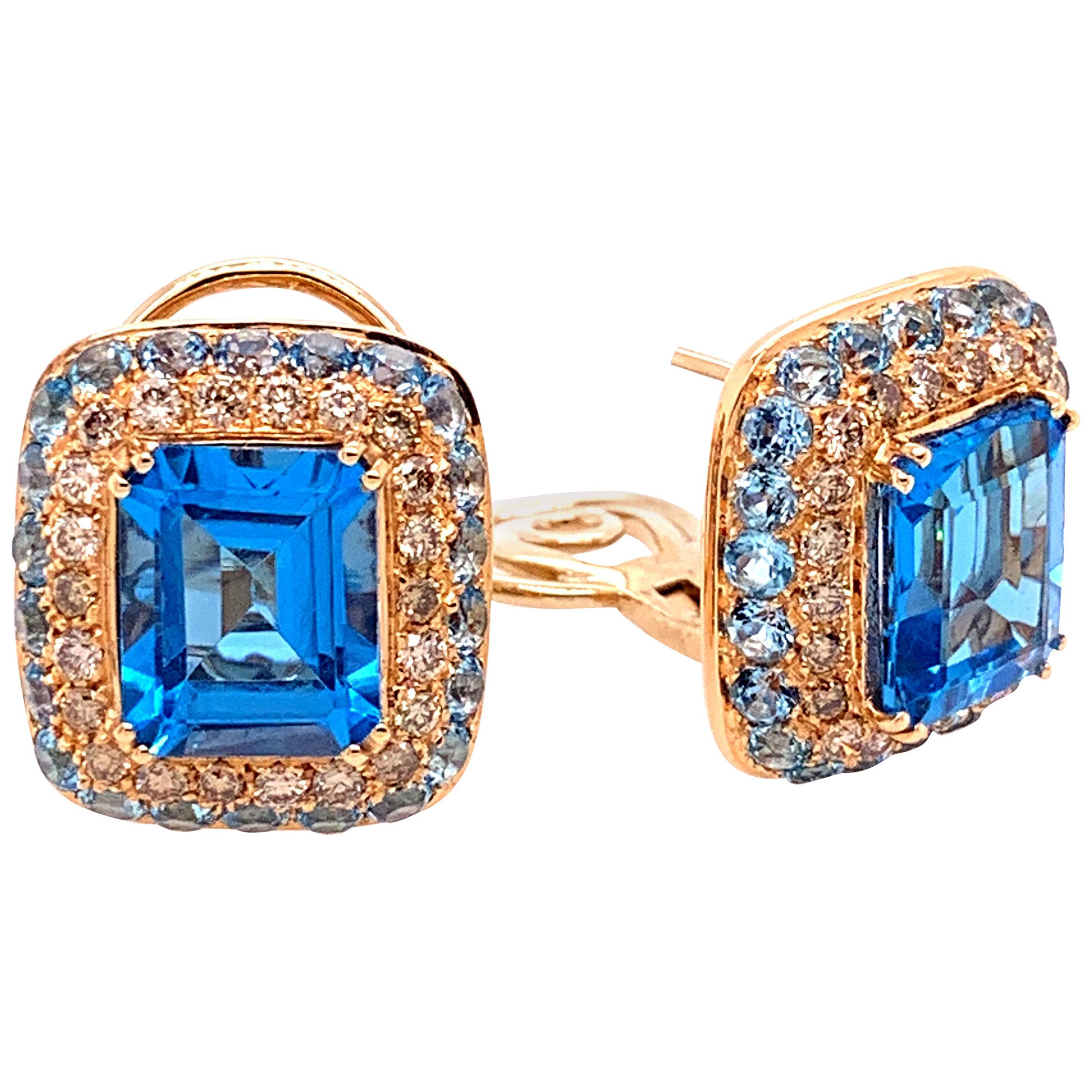 18 Karat Rose Gold Brown Diamonds and Blue Topaz Earrings