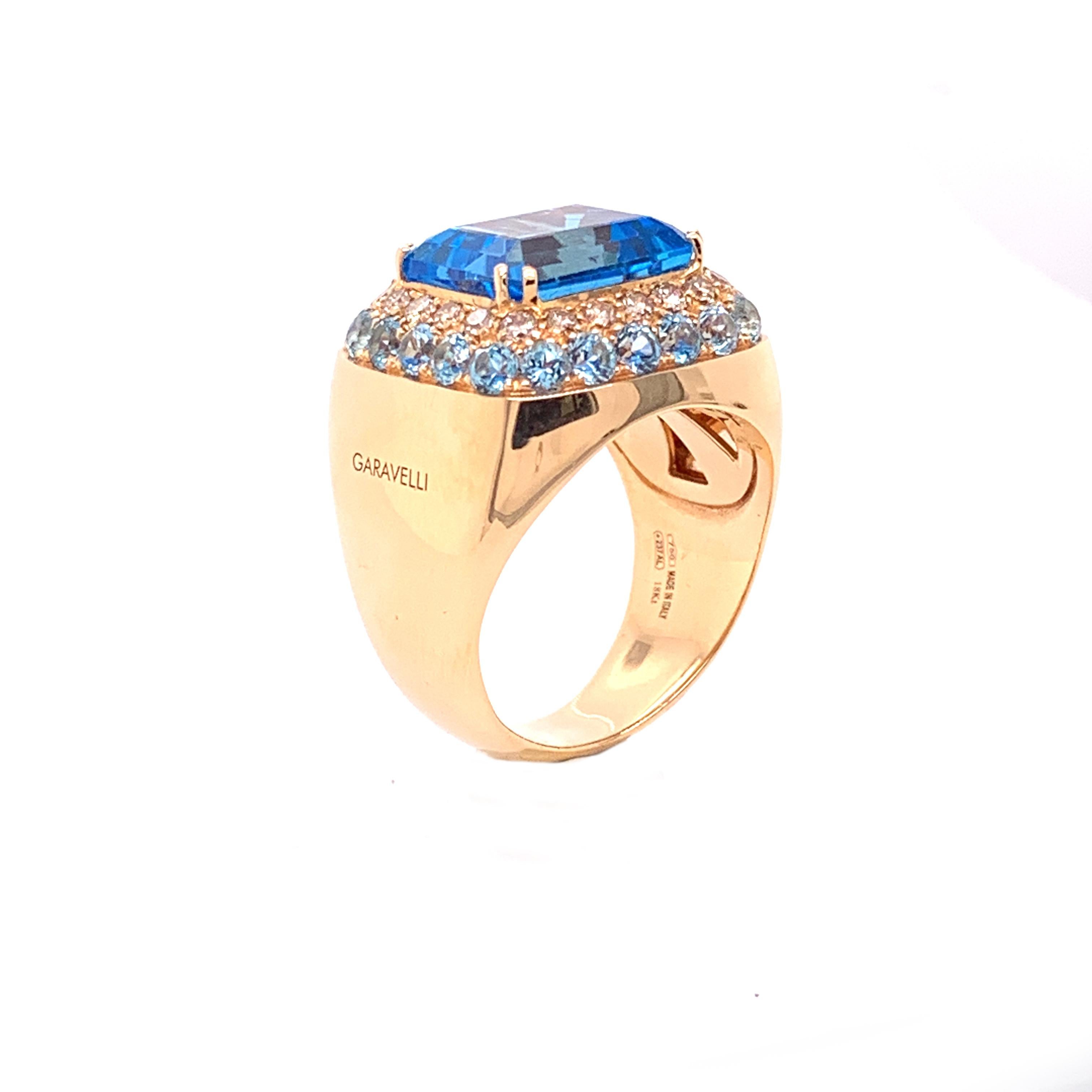 18 Karat Rose Gold Brown Diamonds  and  Blue Topaz Ring, finger european size 54 , american size 6.75
18kt White gold   gr: 15.70
Brown Diamonds ct 0.72
Blue Topaz ct 6.98
Matching earrings also available upon request.
 
