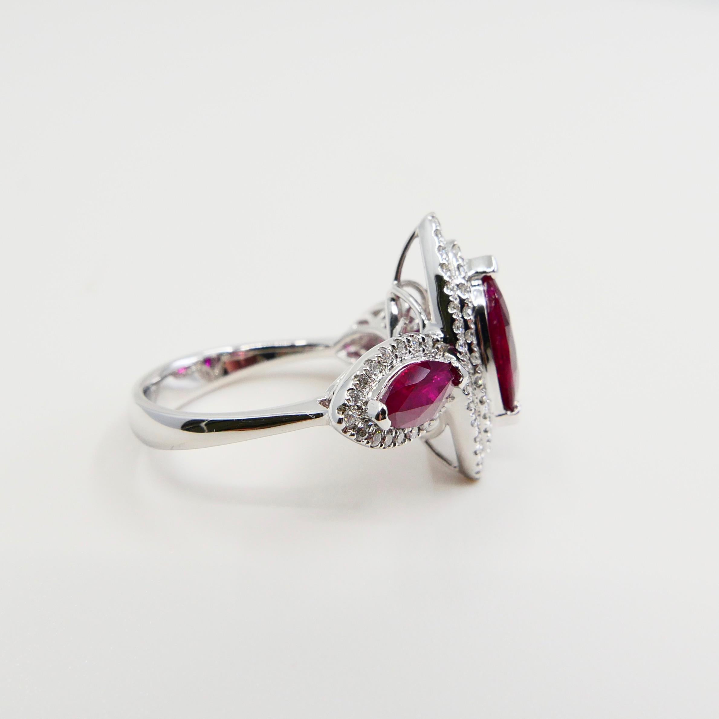 18 Karat White Gold Burma Red Ruby & Diamond Cocktail Ring, Gem Crystal, N.O.S. For Sale 7