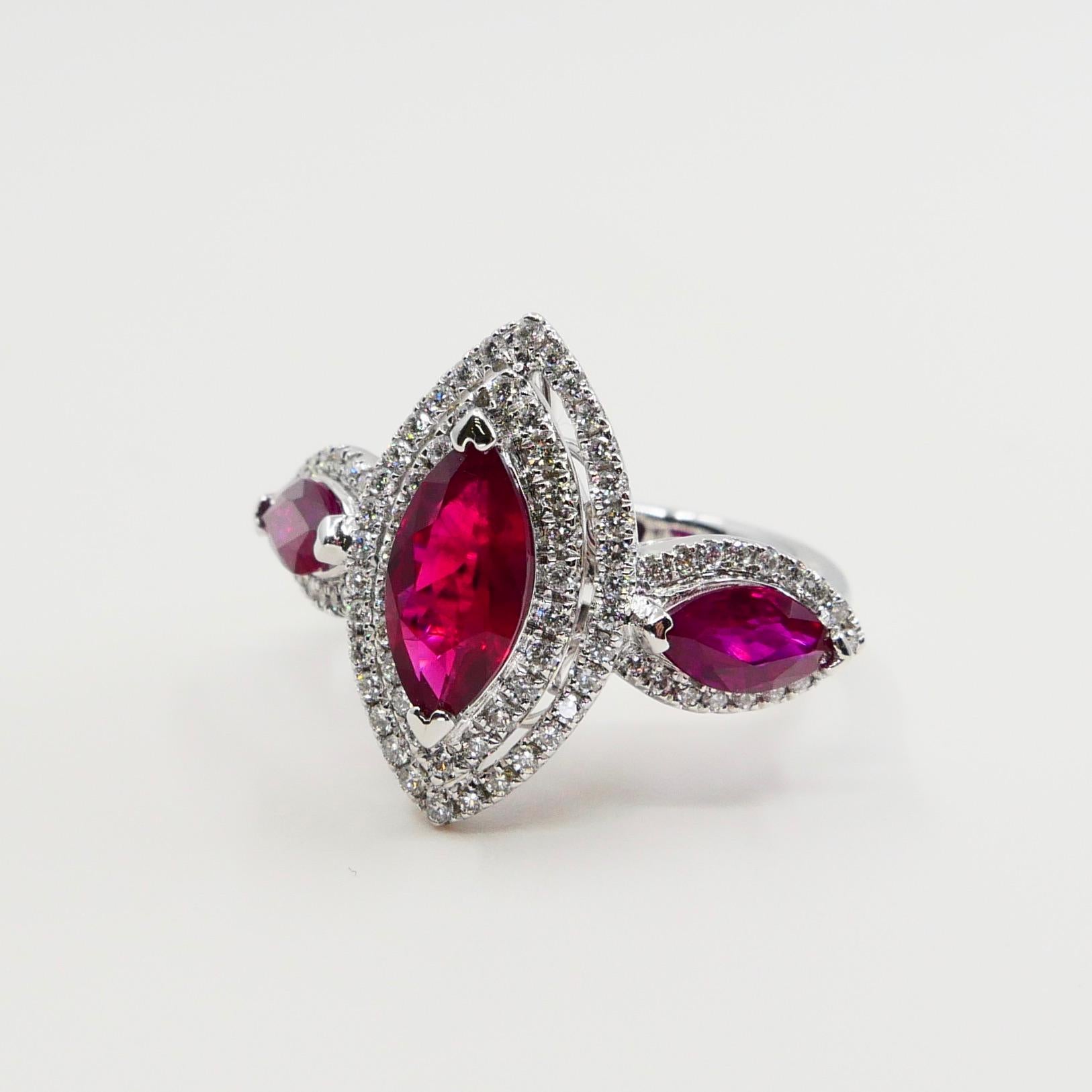 Contemporary 18 Karat White Gold Burma Red Ruby & Diamond Cocktail Ring, Gem Crystal, N.O.S. For Sale
