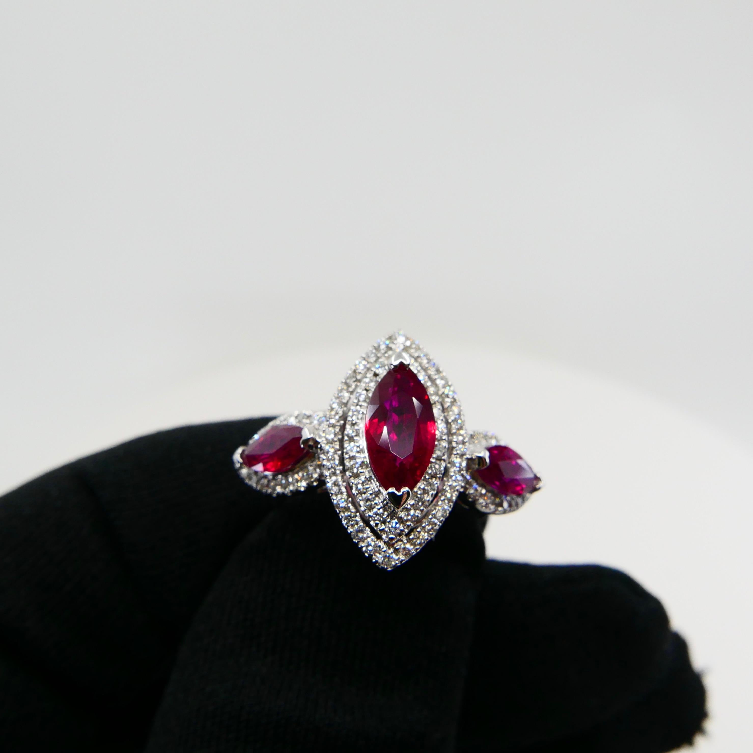 Marquise Cut 18 Karat White Gold Burma Red Ruby & Diamond Cocktail Ring, Gem Crystal, N.O.S. For Sale