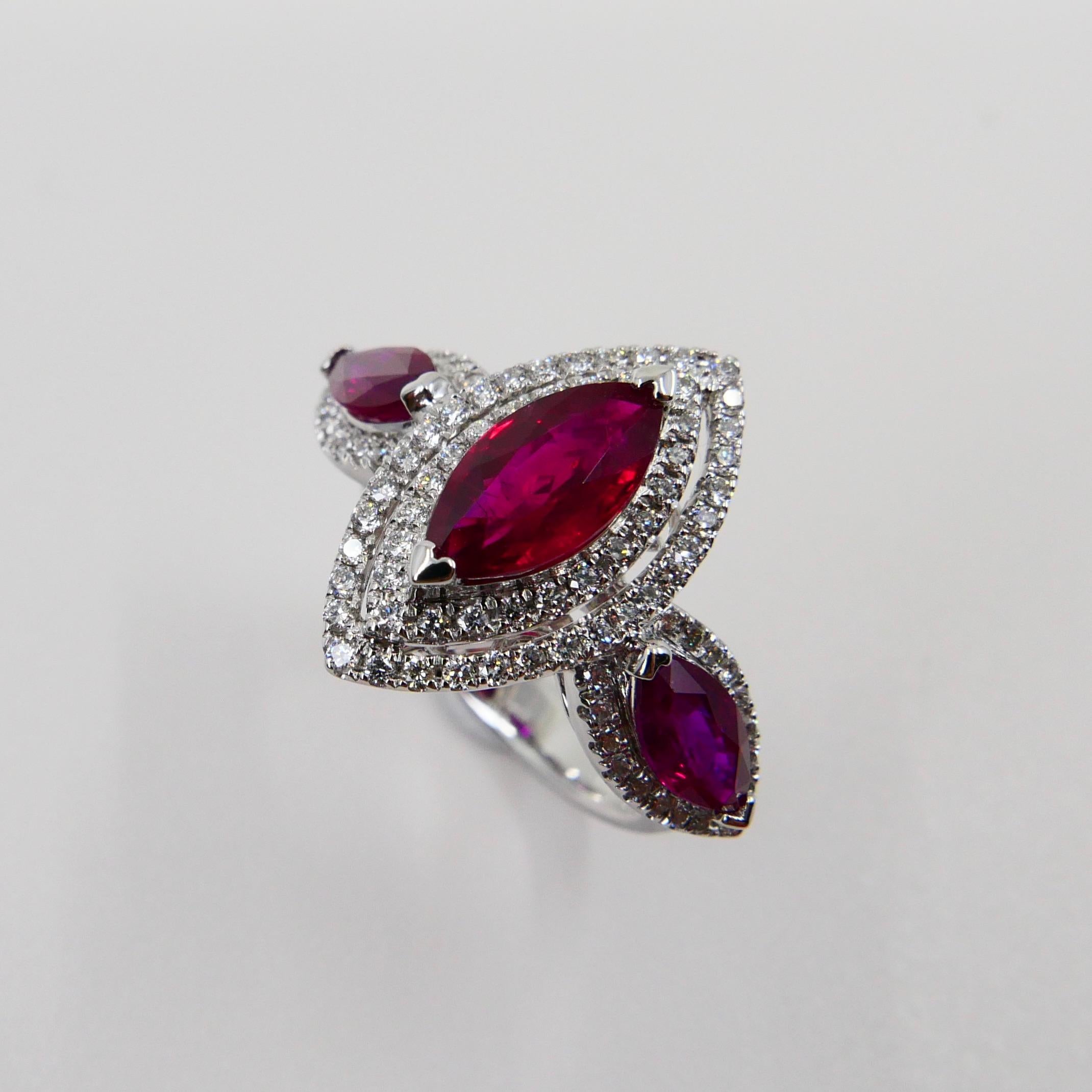 18 Karat White Gold Burma Red Ruby & Diamond Cocktail Ring, Gem Crystal, N.O.S. In New Condition For Sale In Hong Kong, HK