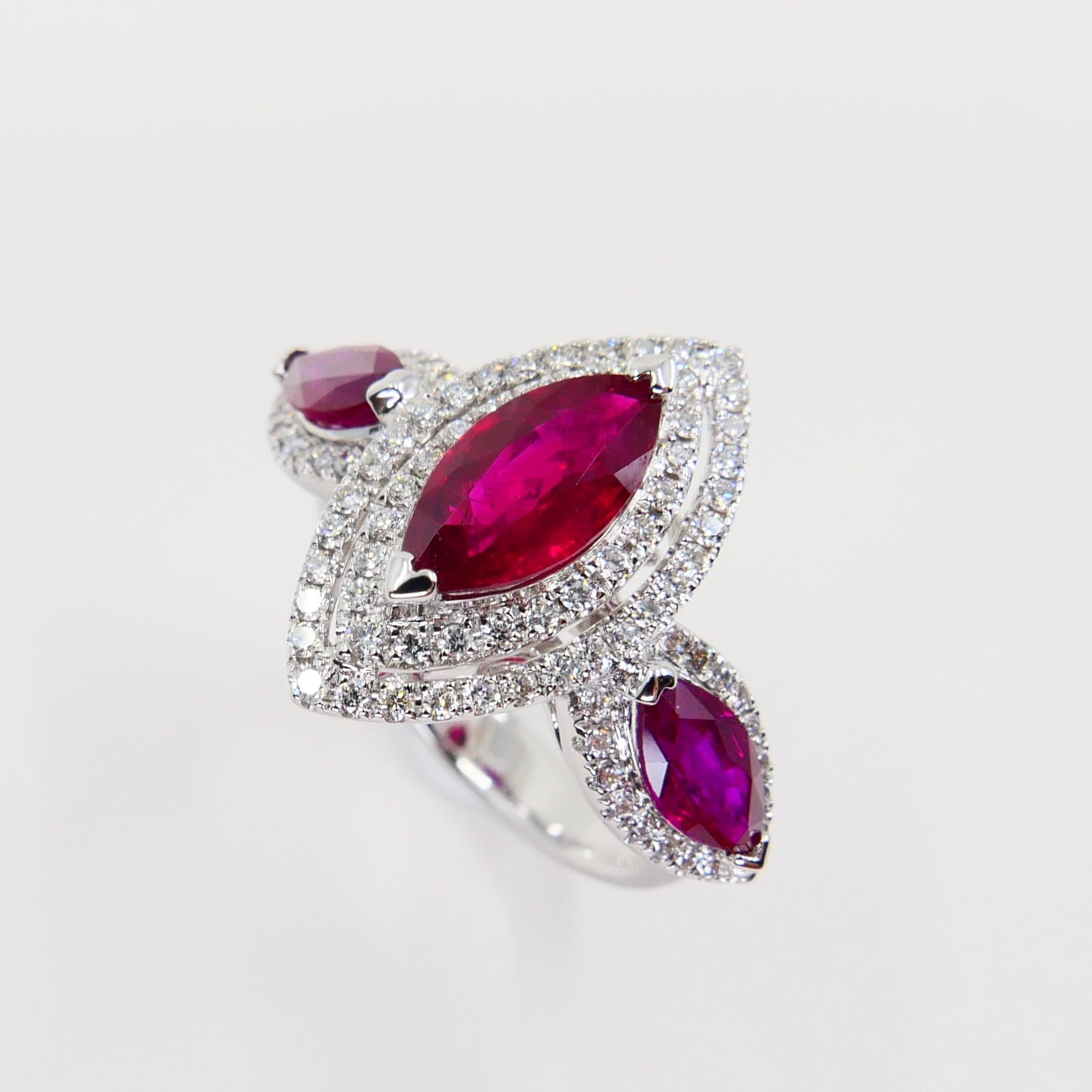 18 Karat White Gold Burma Red Ruby & Diamond Cocktail Ring, Gem Crystal, N.O.S. For Sale 1