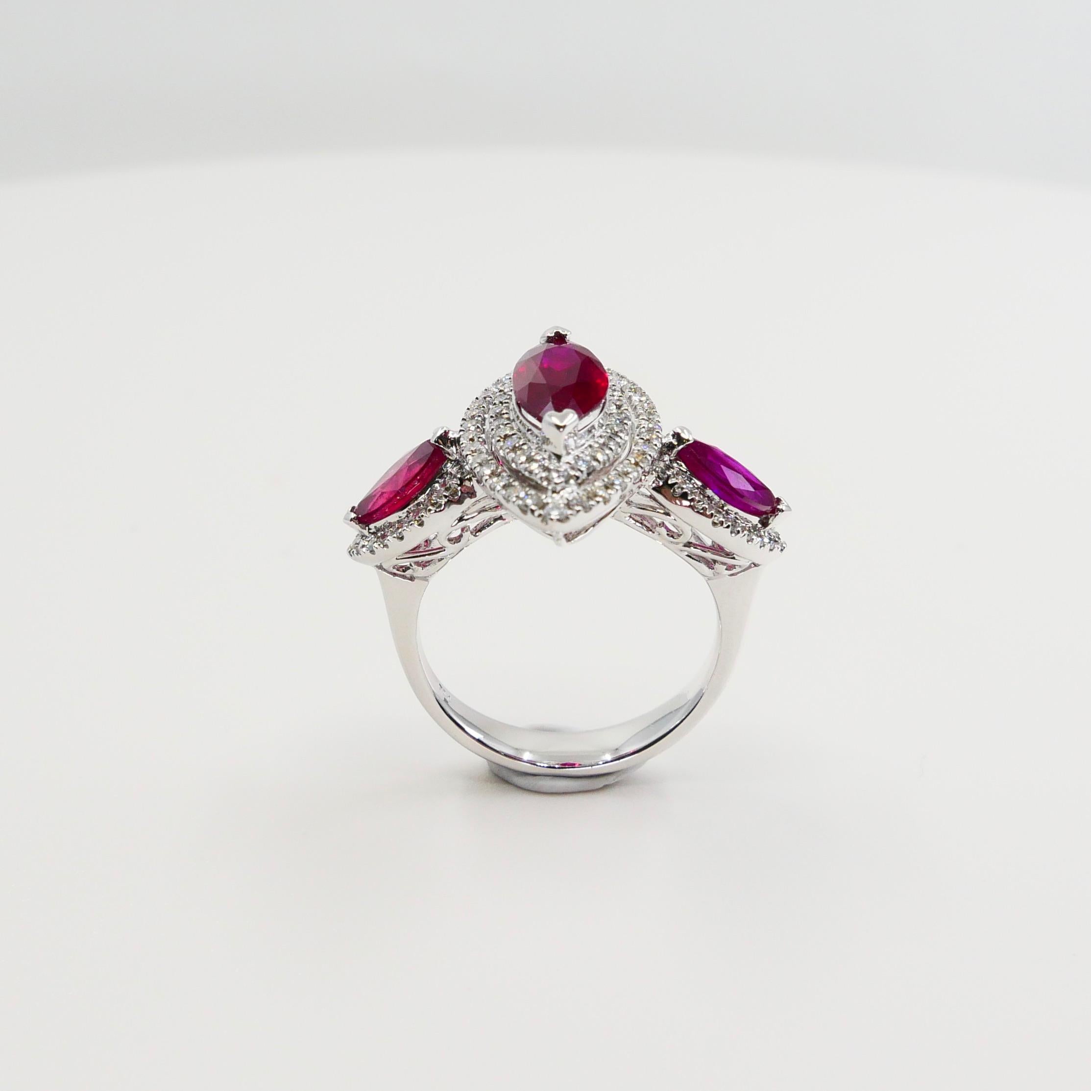 18 Karat White Gold Burma Red Ruby & Diamond Cocktail Ring, Gem Crystal, N.O.S. For Sale 3