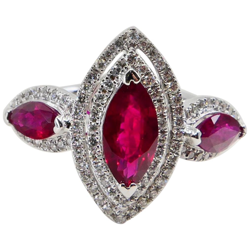 18 Karat White Gold Burma Red Ruby & Diamond Cocktail Ring, Gem Crystal, N.O.S.