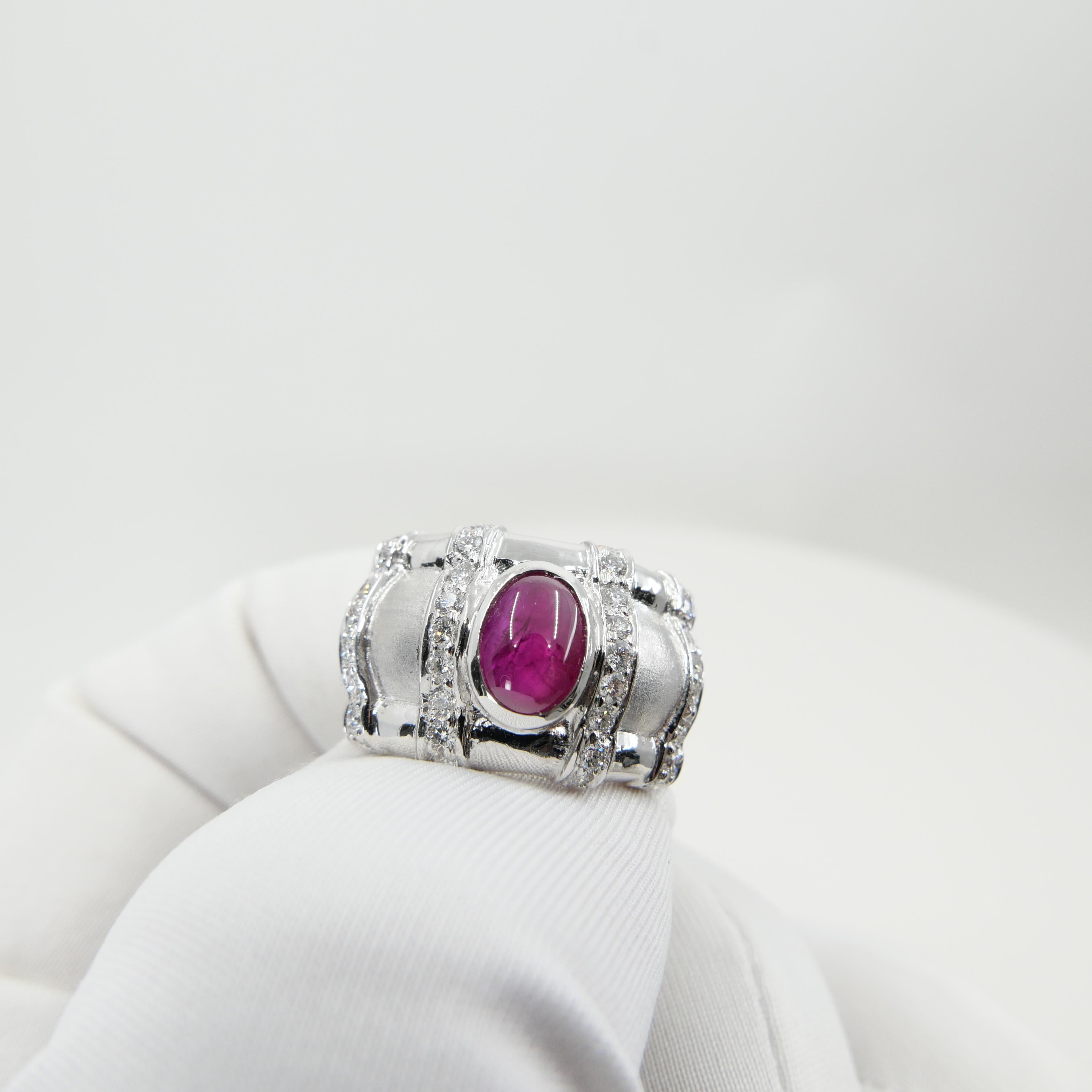18 Karat White Gold Burma Ruby Cabochon 1.93 Carat & Diamond Cocktail Ring In New Condition For Sale In Hong Kong, HK
