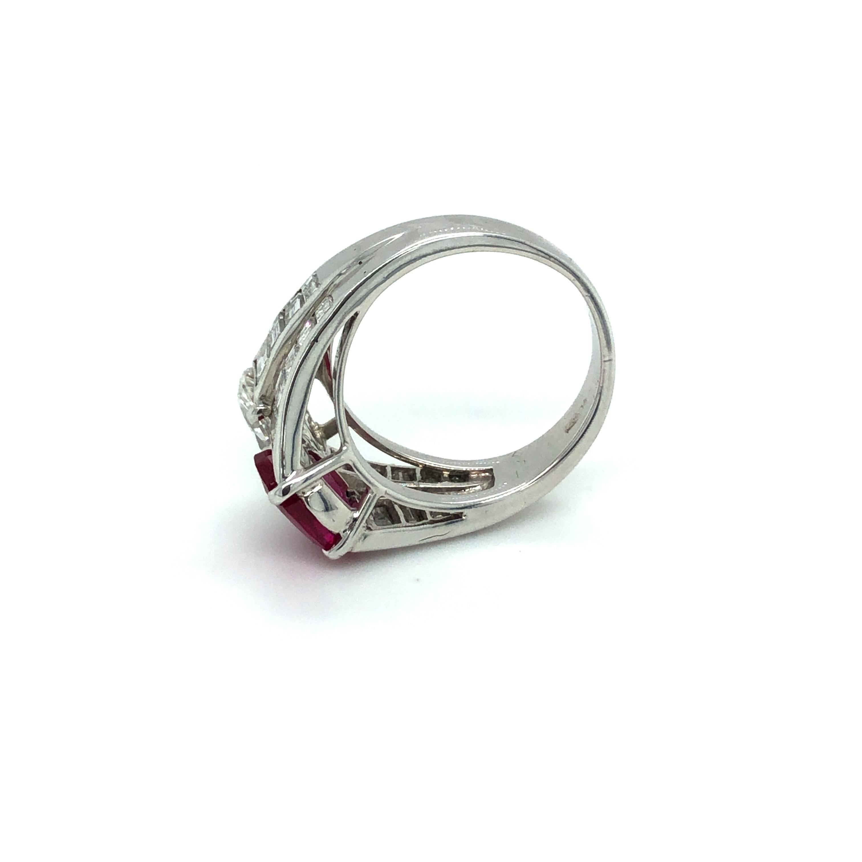 Oval Cut 18 Karat White Gold Burma Ruby Diamond Toi et Moi Ring For Sale