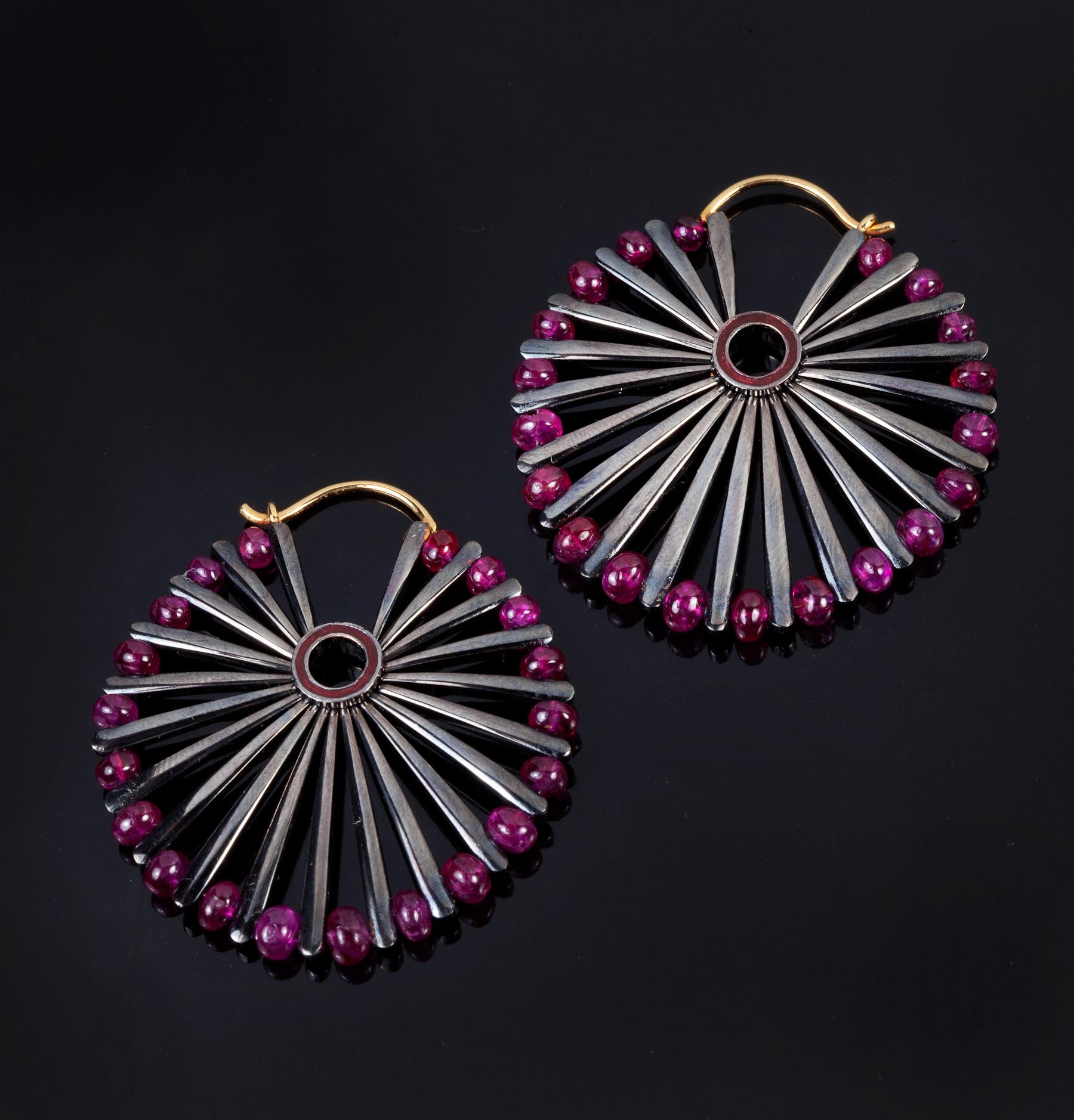 Contemporary 18 Karat White Gold Burmese Ruby Palm Leaf Earrings For Sale
