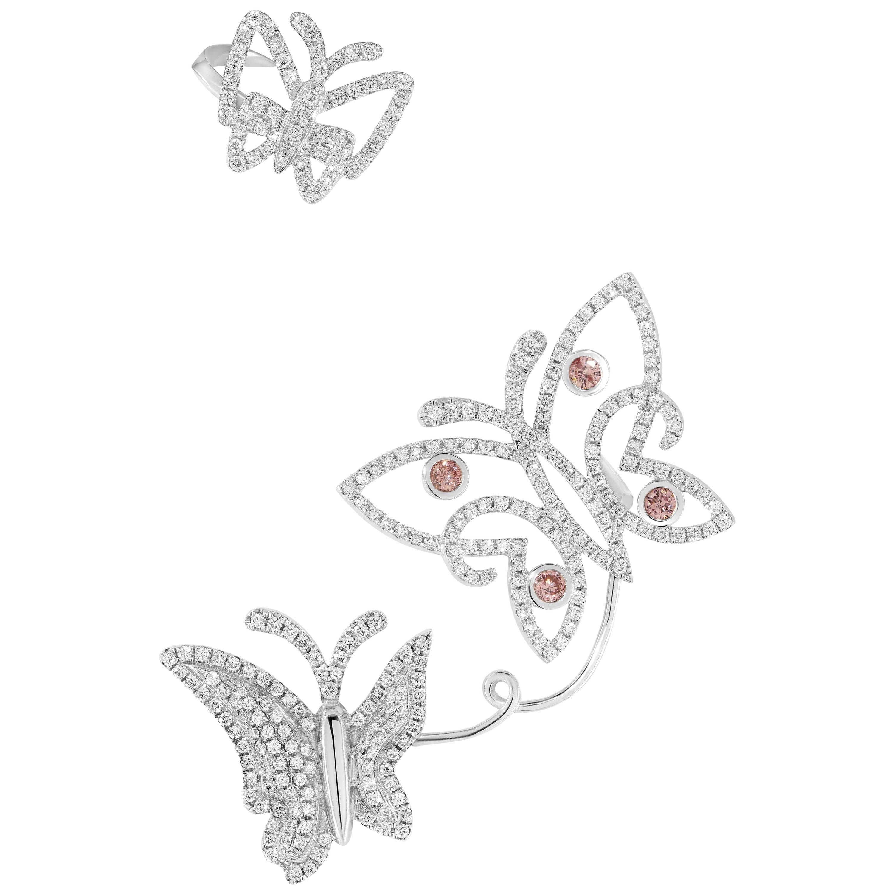 Boucles d'oreilles manchette papillon en or blanc 18 carats avec diamants roses et blancs