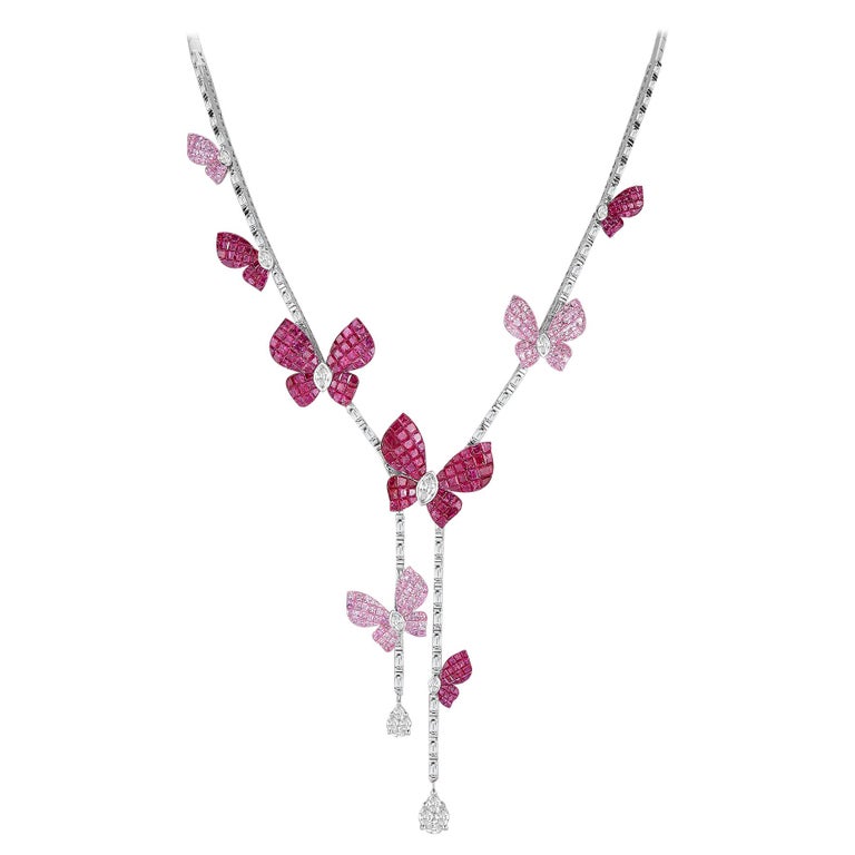 18 Karat White Gold ButterflyEmbellished Diamond, Ruby and Sapphire