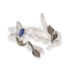 18 Karat White Gold Butterfly Ring with White Diamond and Blue Sapphire