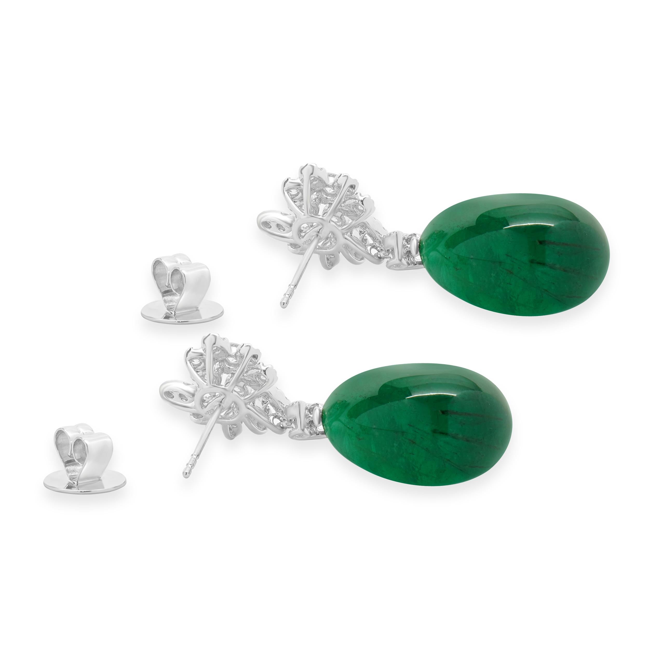 18 Karat White Gold Cabochon Cut Emerald and Diamond Drop Earrings In Excellent Condition For Sale In Scottsdale, AZ