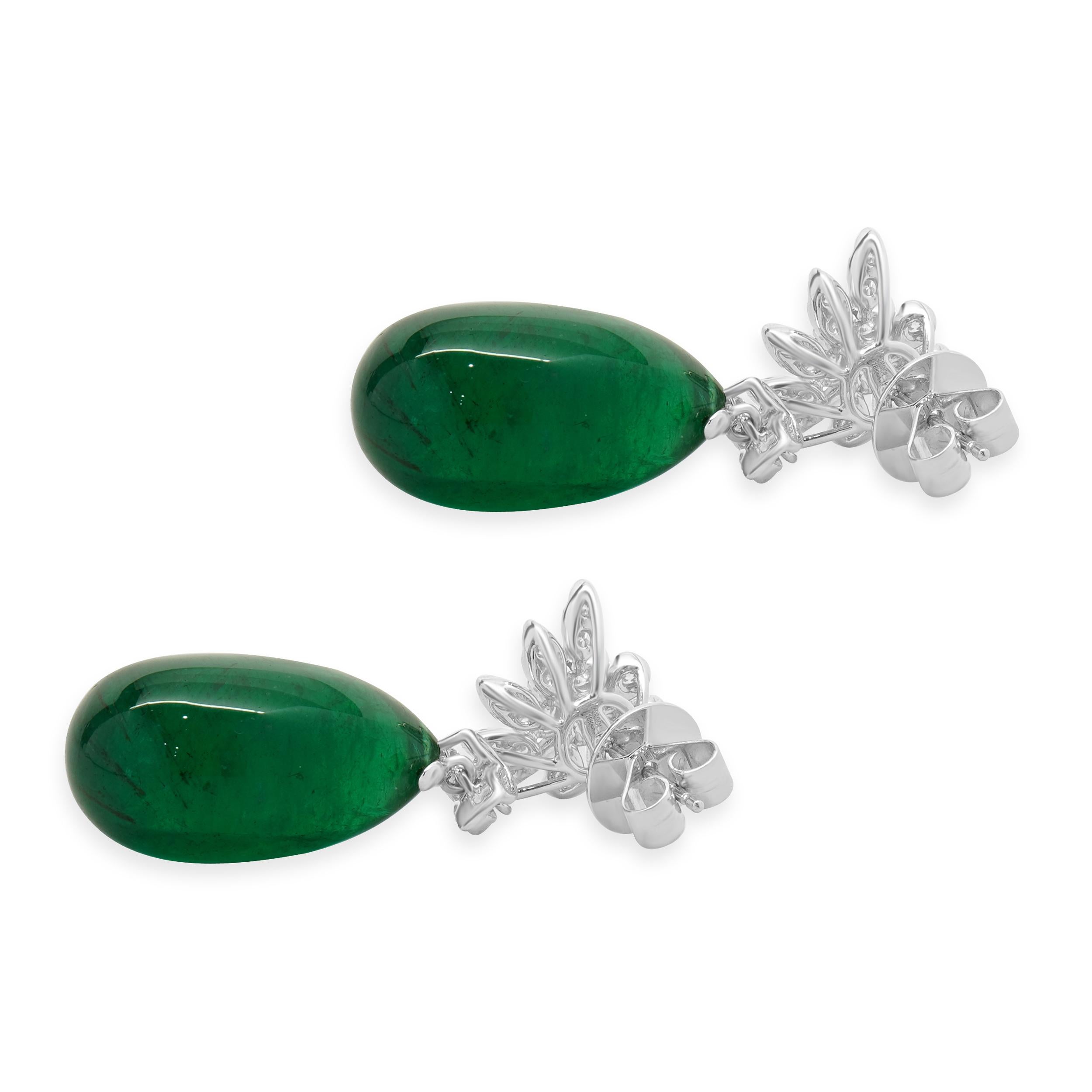 Women's 18 Karat White Gold Cabochon Cut Emerald and Diamond Drop Earrings For Sale