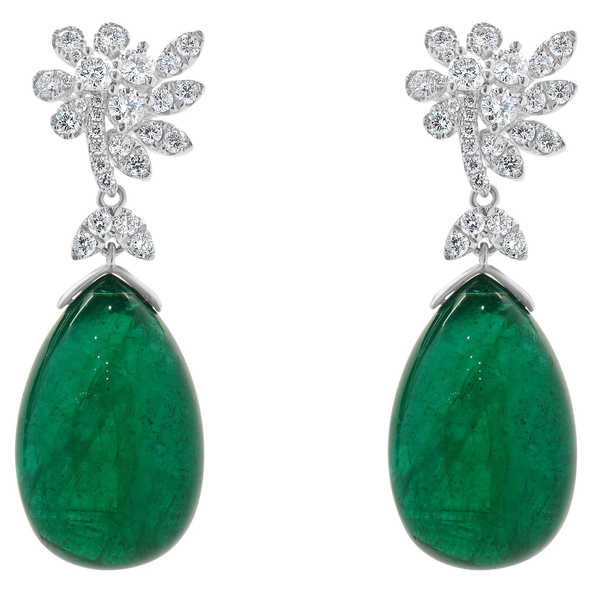 18 Karat White Gold Cabochon Cut Emerald and Diamond Drop Earrings For Sale