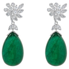 18 Karat White Gold Cabochon Cut Emerald and Diamond Drop Earrings