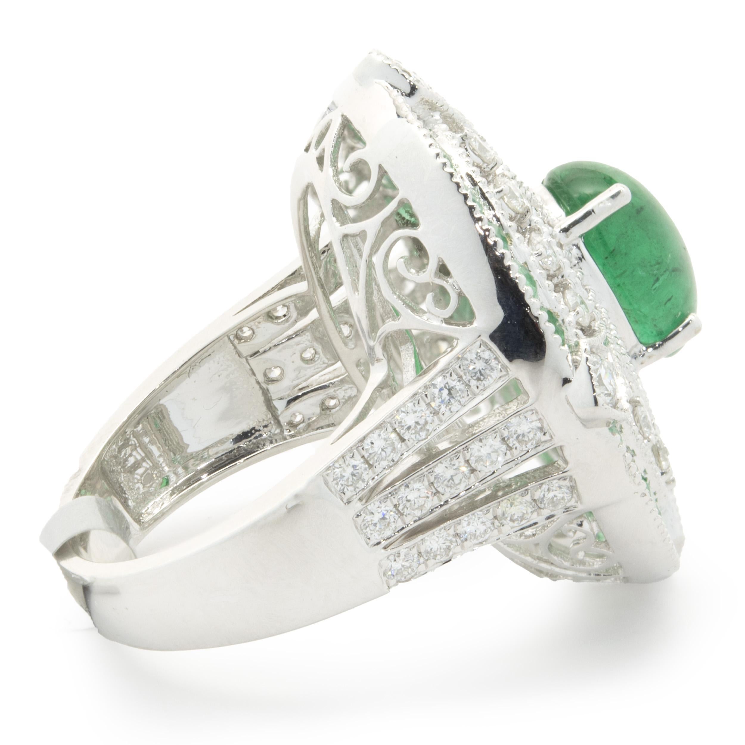 18 Karat White Gold Cabochon Cut Emerald and Diamond Ornate Cocktail Ring In Excellent Condition For Sale In Scottsdale, AZ
