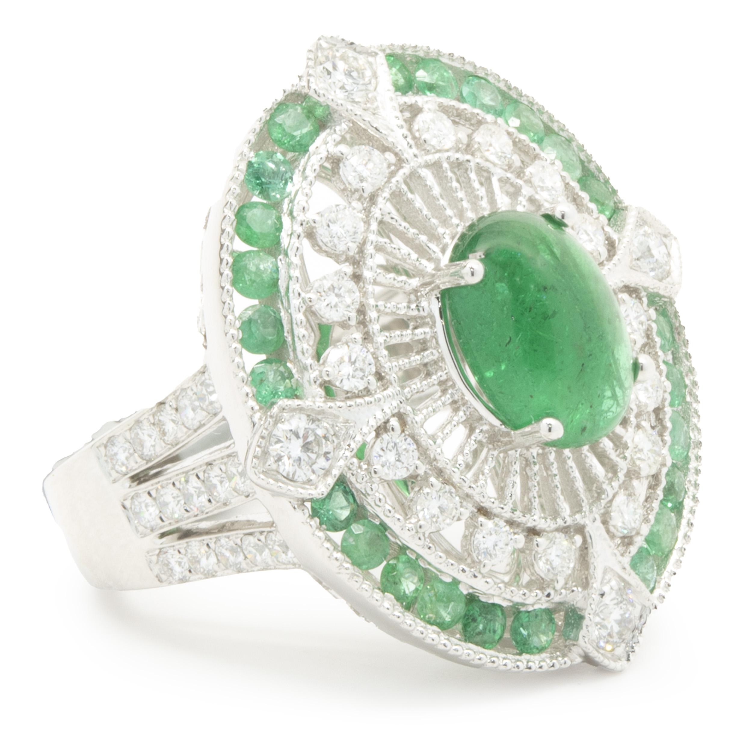 Women's 18 Karat White Gold Cabochon Cut Emerald and Diamond Ornate Cocktail Ring For Sale