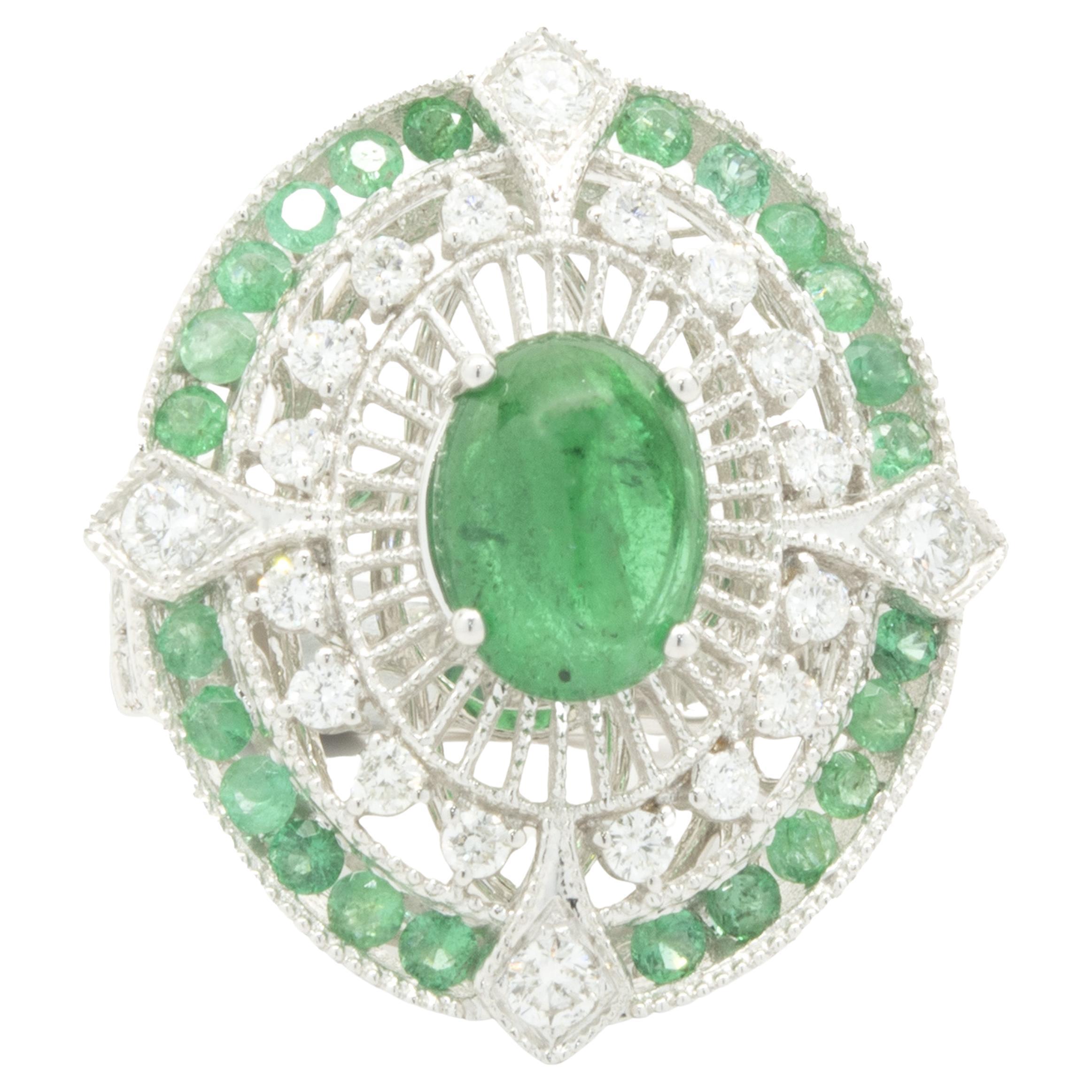 18 Karat White Gold Cabochon Cut Emerald and Diamond Ornate Cocktail Ring For Sale