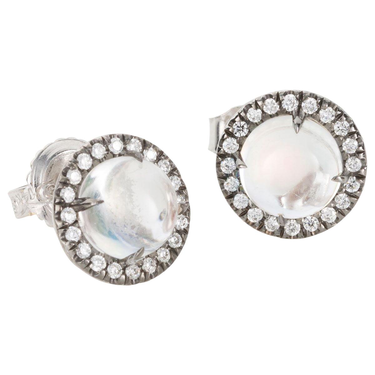 18 Karat White Gold Cabochon Moonstone and Diamond Stud Earrings For Sale