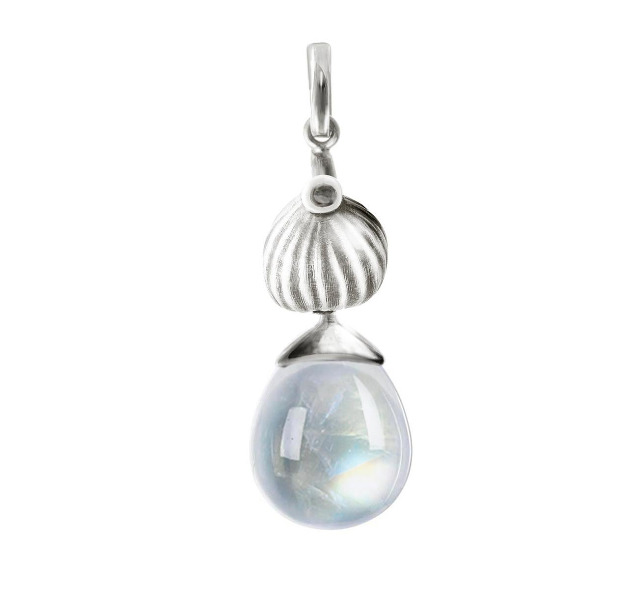 Women's or Men's White Gold Cabochon Moonstone Contemporary Drop Earrings with Diamonds For Sale