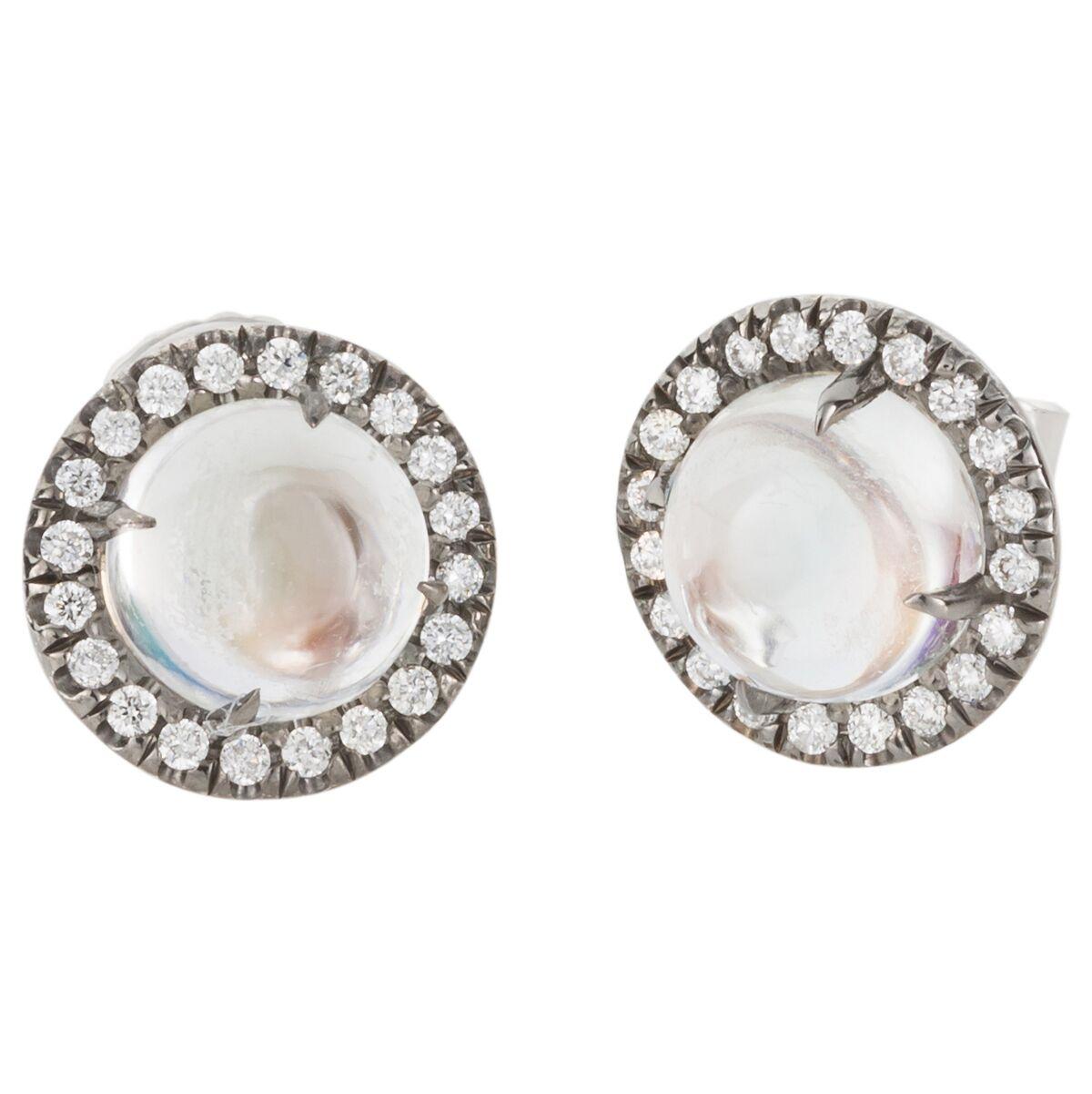 Contemporary 18 Karat White Gold Cabochon Moonstone and Diamond Stud Earrings For Sale