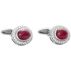 18 Karat White Gold Cabochon Ruby and Diamond Cufflinks