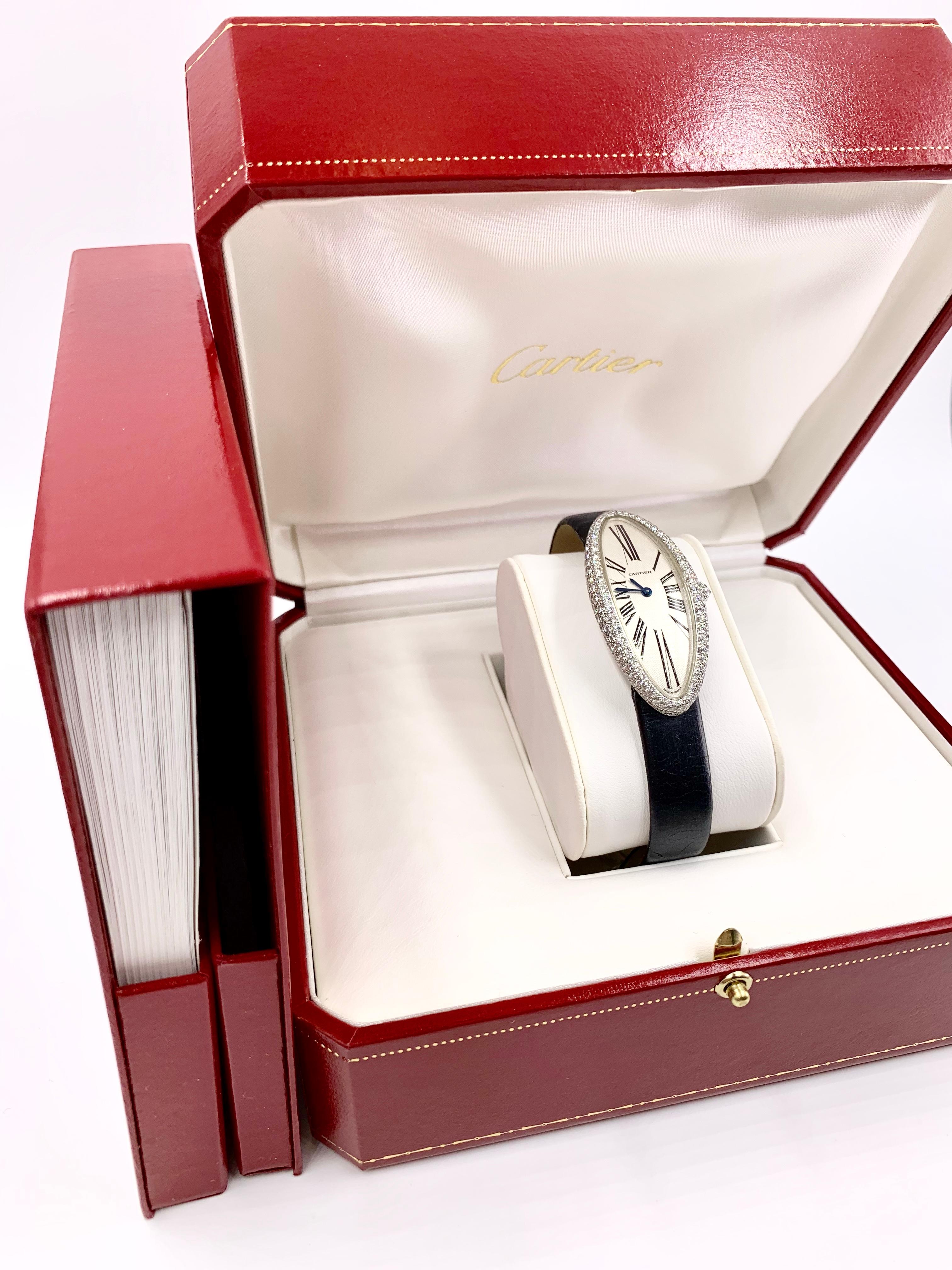 Round Cut Cartier 18 Karat White Gold Baignoire Allongée Diamond Watch